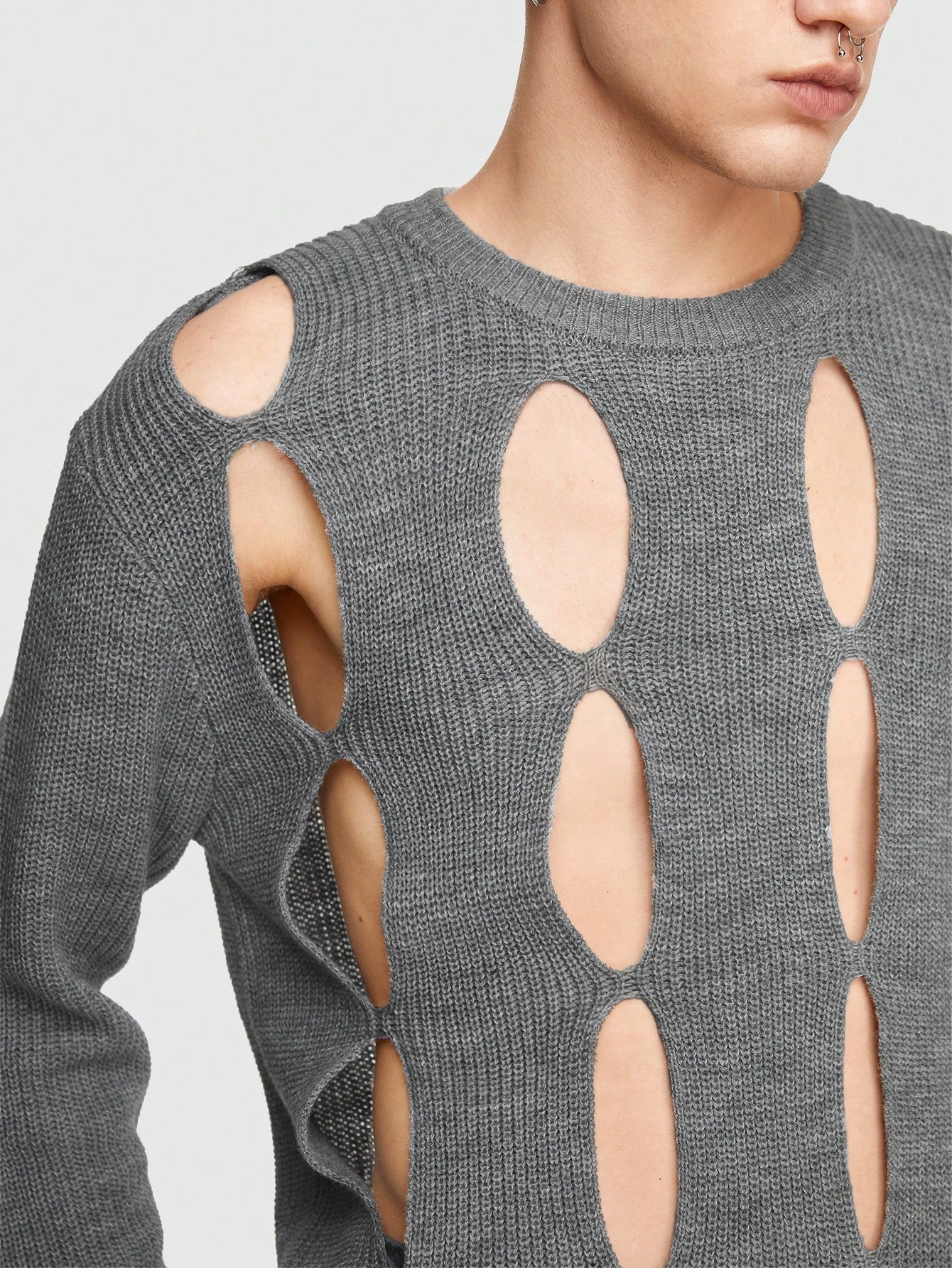Grunge Punk Guys Cut Out Ripped Drop Shoulder Sweater Without Scarf