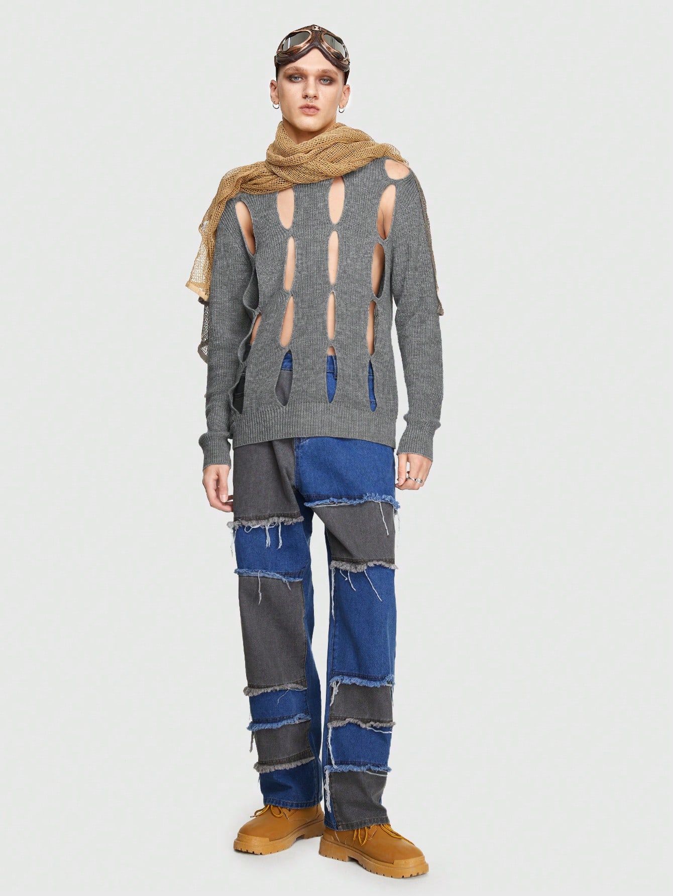 Grunge Punk Guys Cut Out Ripped Drop Shoulder Sweater Without Scarf