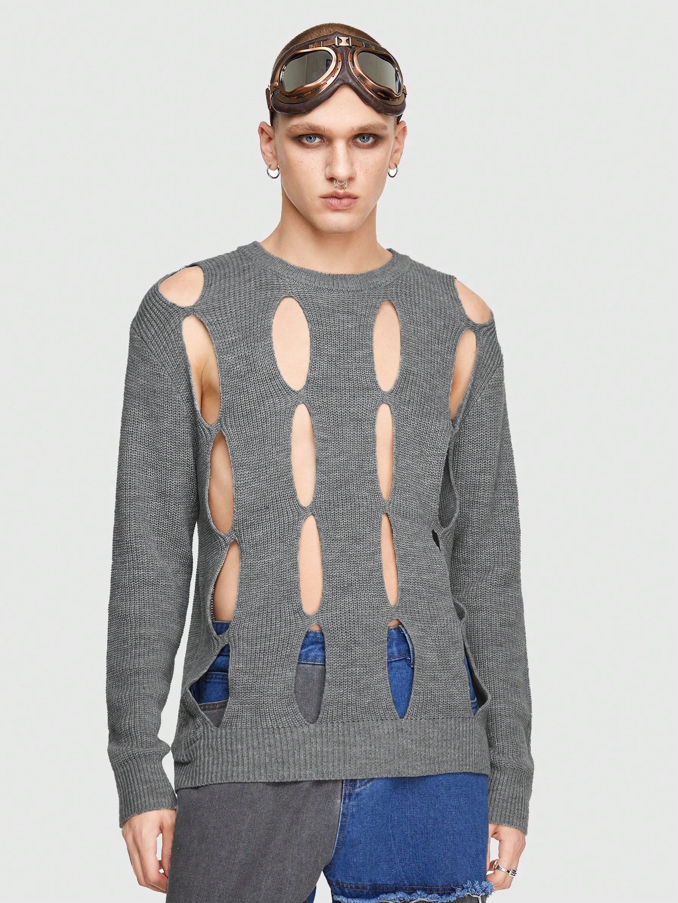 Grunge Punk Guys Cut Out Ripped Drop Shoulder Sweater Without Scarf