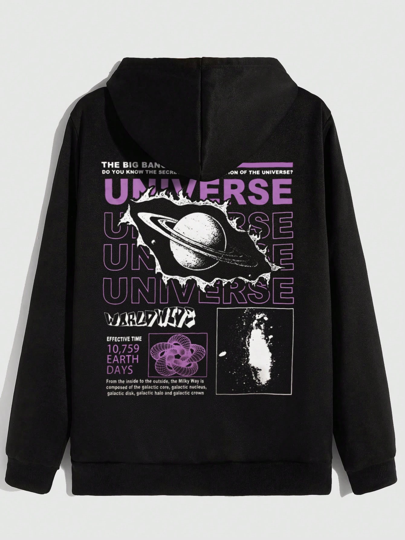 Street Life Men Slogan & Planet Print Kangaroo Pocket Drawstring Thermal Hoodie