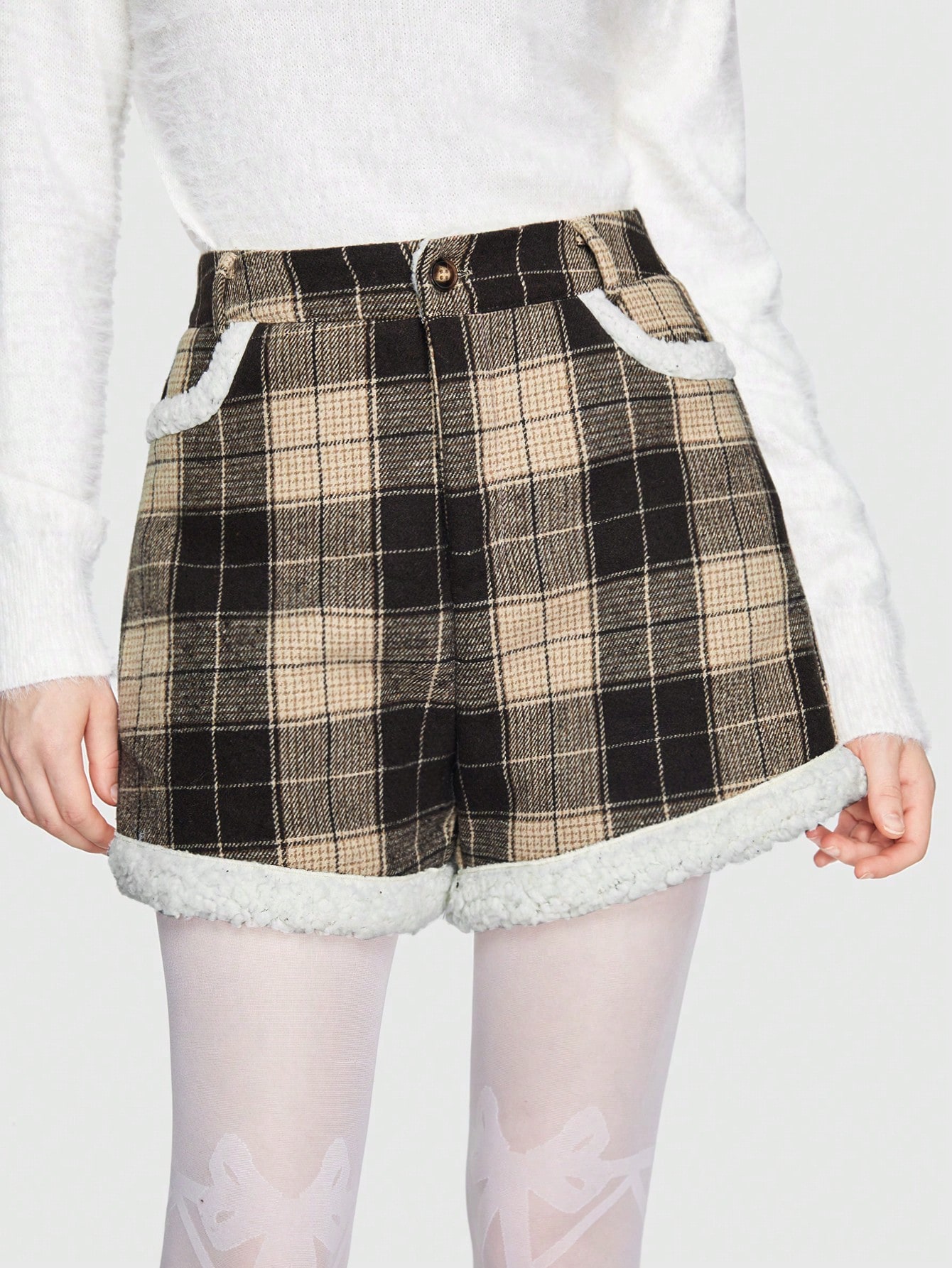 Kawaii Plaid Pattern Teddy Panel Shorts