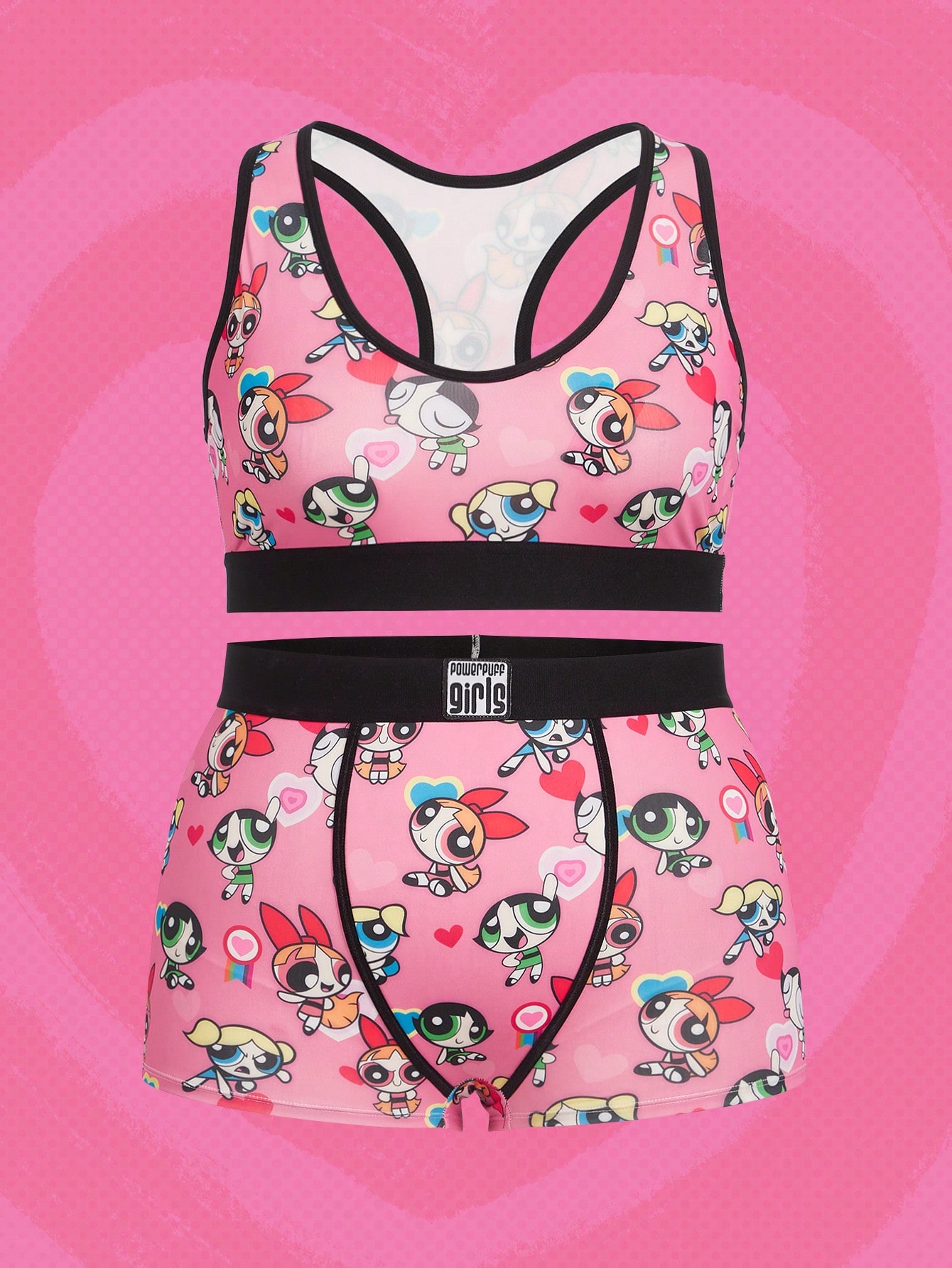 The Powerpuff Girls | ROMWE Plus Cartoon Graphic Contrast Binding Racerback Lingerie Set