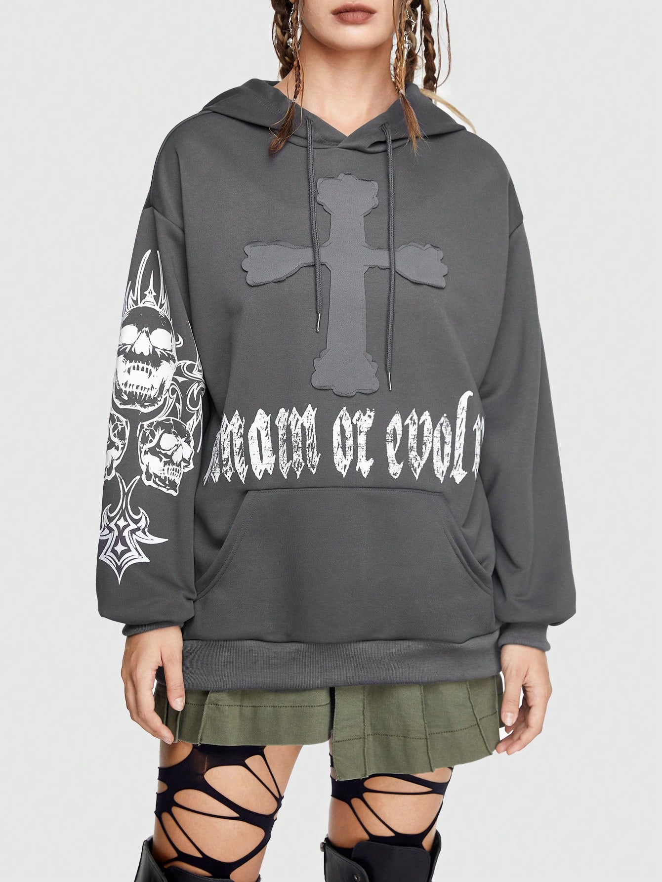 Grunge Punk Letter Graphic Kangaroo Pocket Drawstring Hoodie
