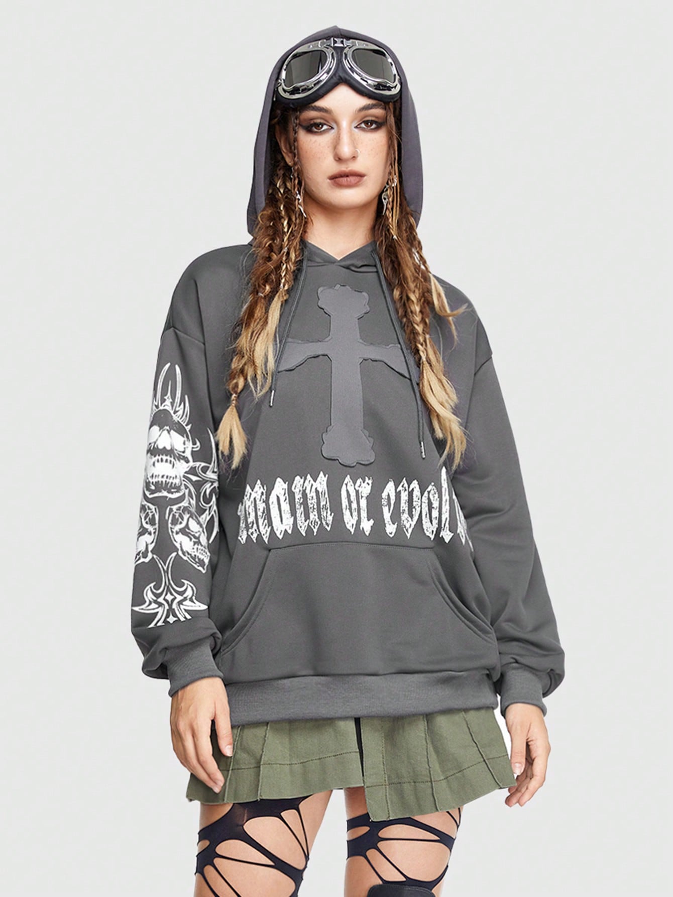 Grunge Punk Letter Graphic Kangaroo Pocket Drawstring Hoodie