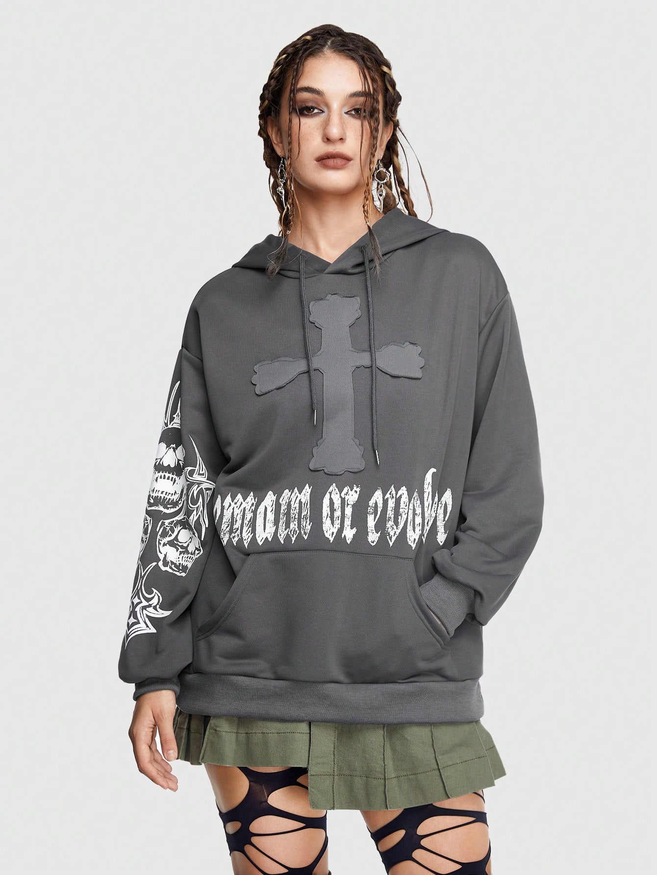 Grunge Punk Letter Graphic Kangaroo Pocket Drawstring Hoodie