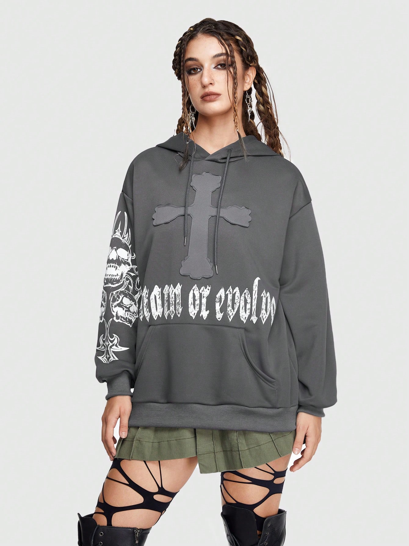 Grunge Punk Letter Graphic Kangaroo Pocket Drawstring Hoodie