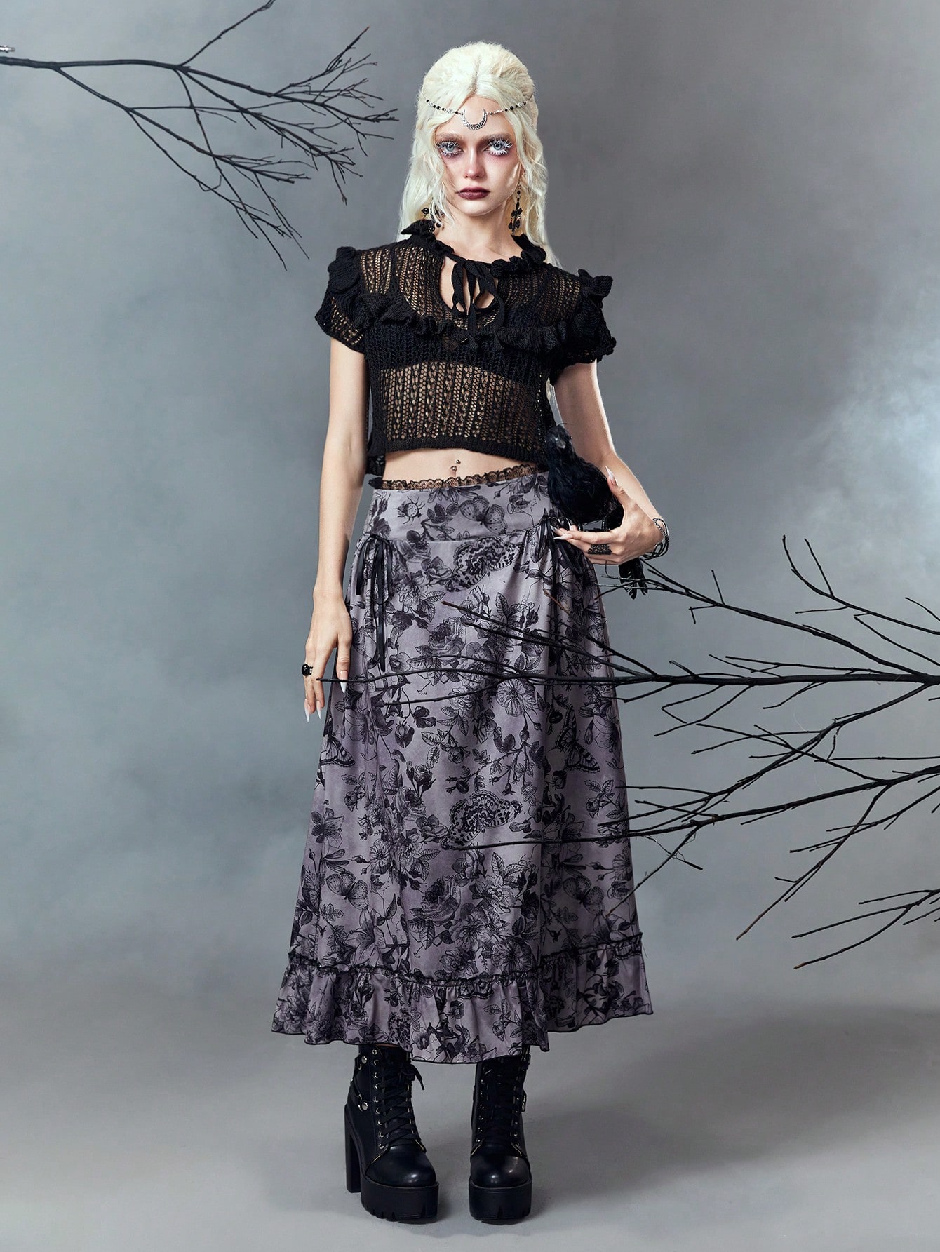 Goth Summer Crochet Beach Hollow Out Lace Trimming Knit Top With Tie Front
