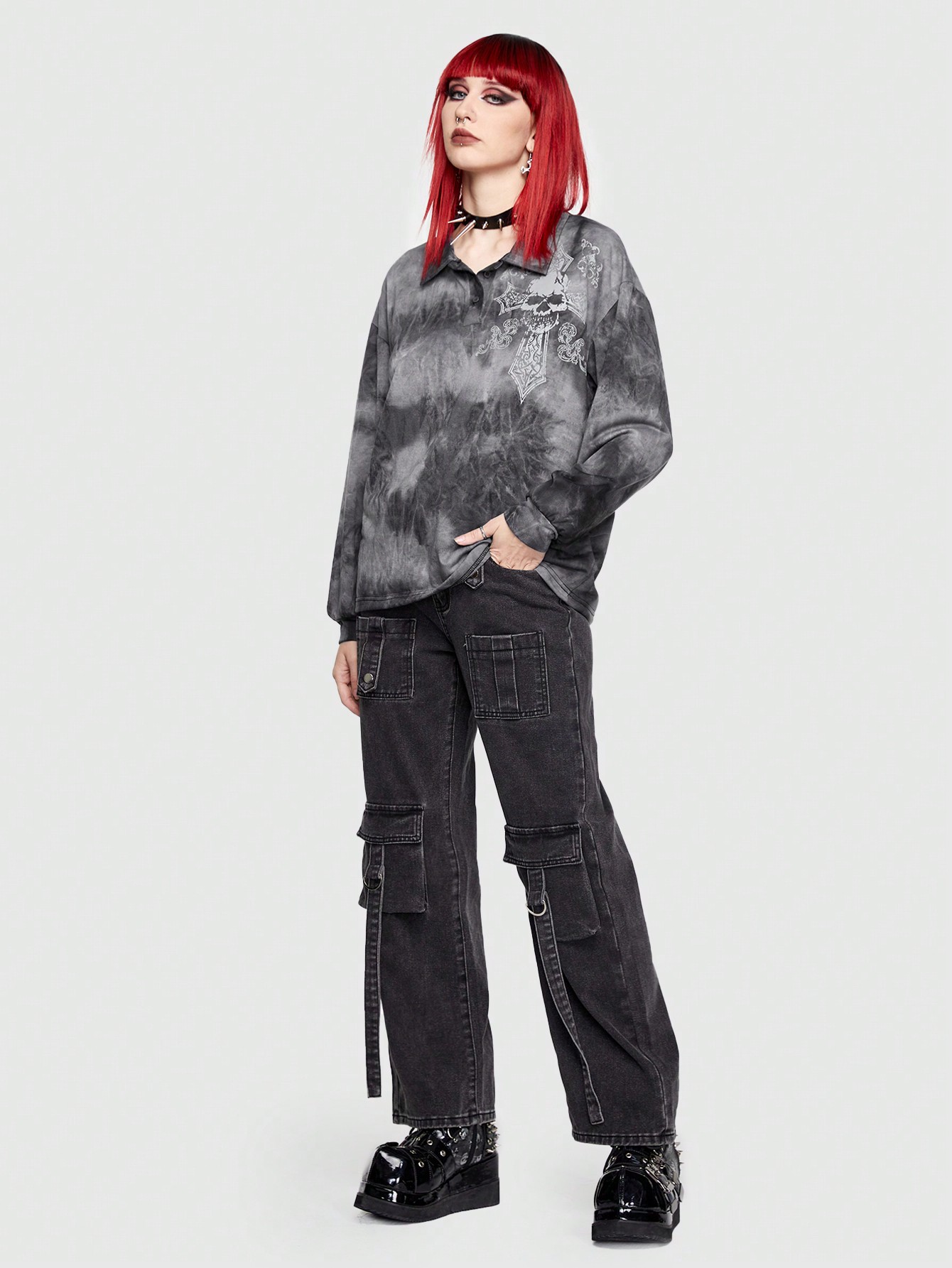 Goth Skull & Cross Print Tie-Dye Half Button Sweatshirt