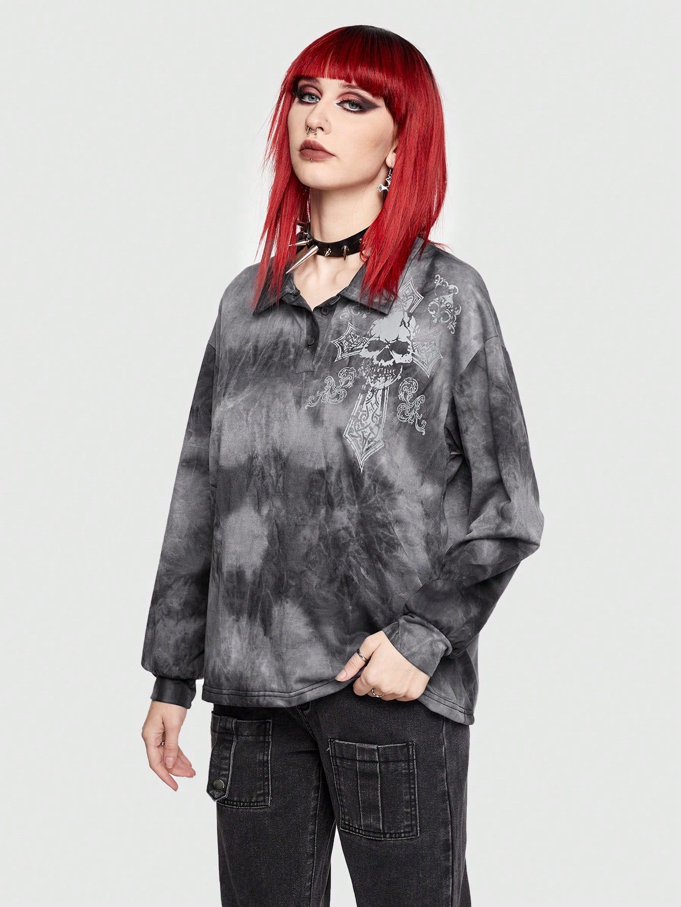 Goth Skull & Cross Print Tie-Dye Half Button Sweatshirt