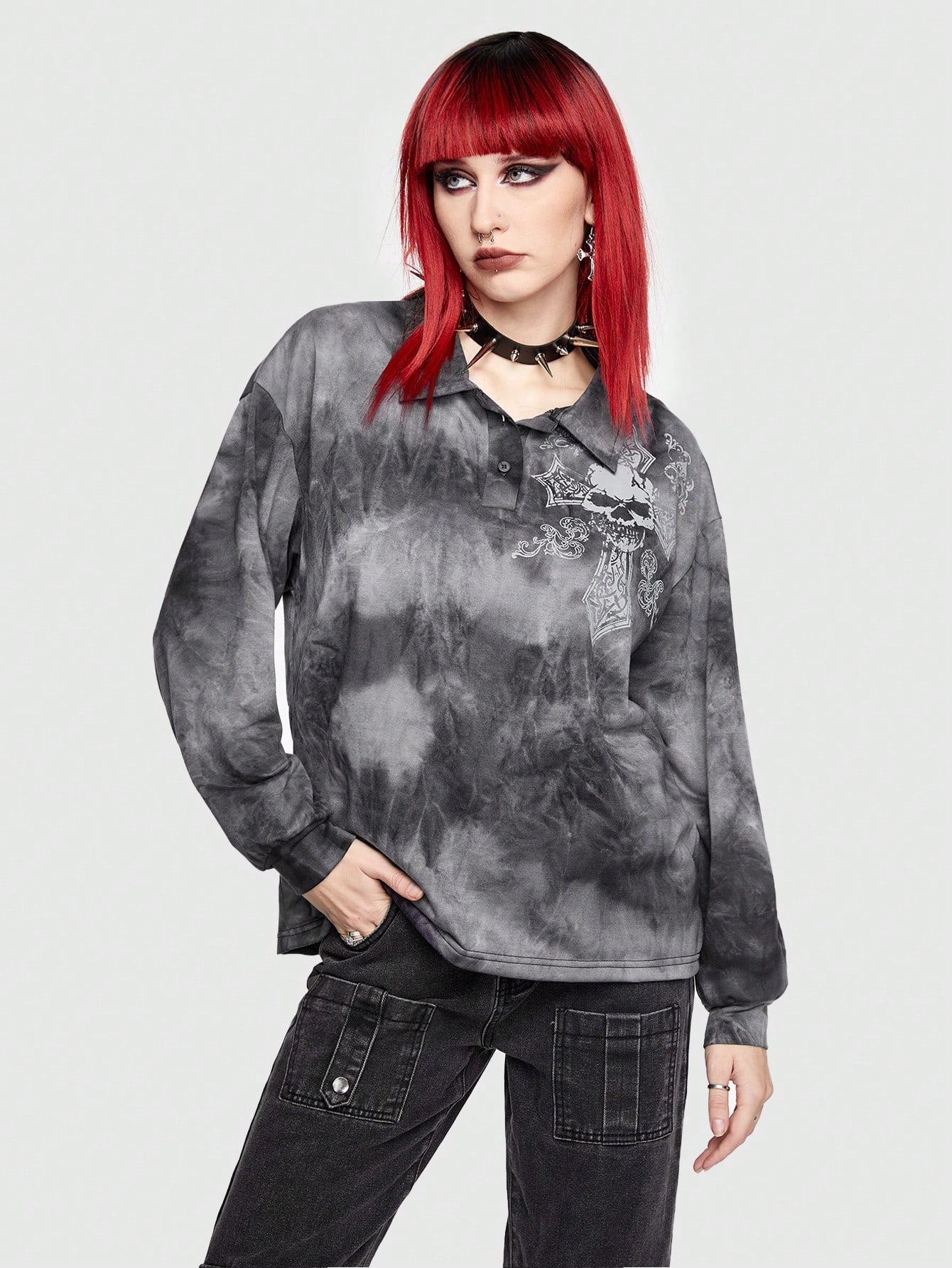 Goth Skull & Cross Print Tie-Dye Half Button Sweatshirt