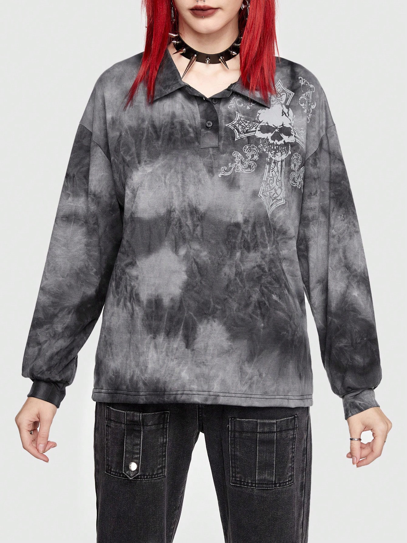 Goth Skull & Cross Print Tie-Dye Half Button Sweatshirt