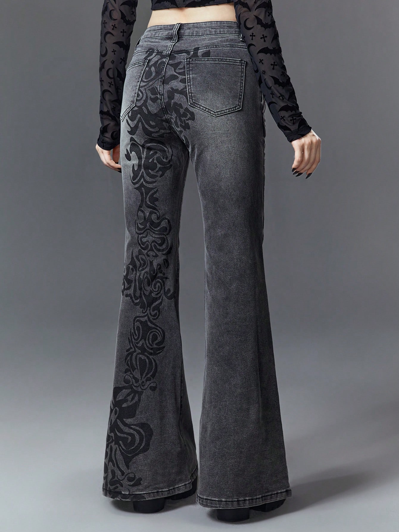 Goth Gothic Dark Vintage Pattern Print Skinny Sexy Stretchy Denim Flared Pants, School