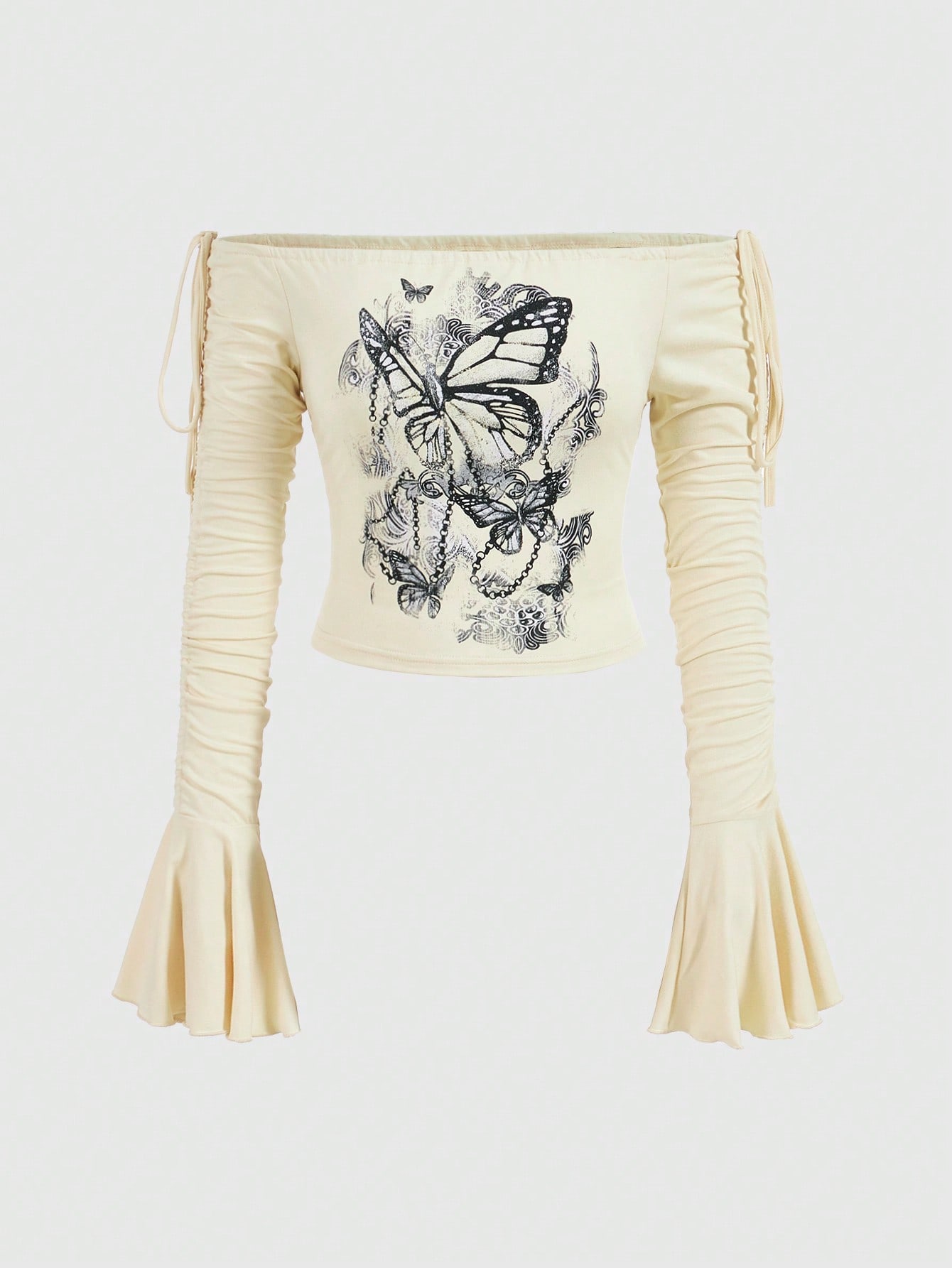 Fairycore Butterfly Pattern Off Shoulder Ruffle Sleeves T-shirt