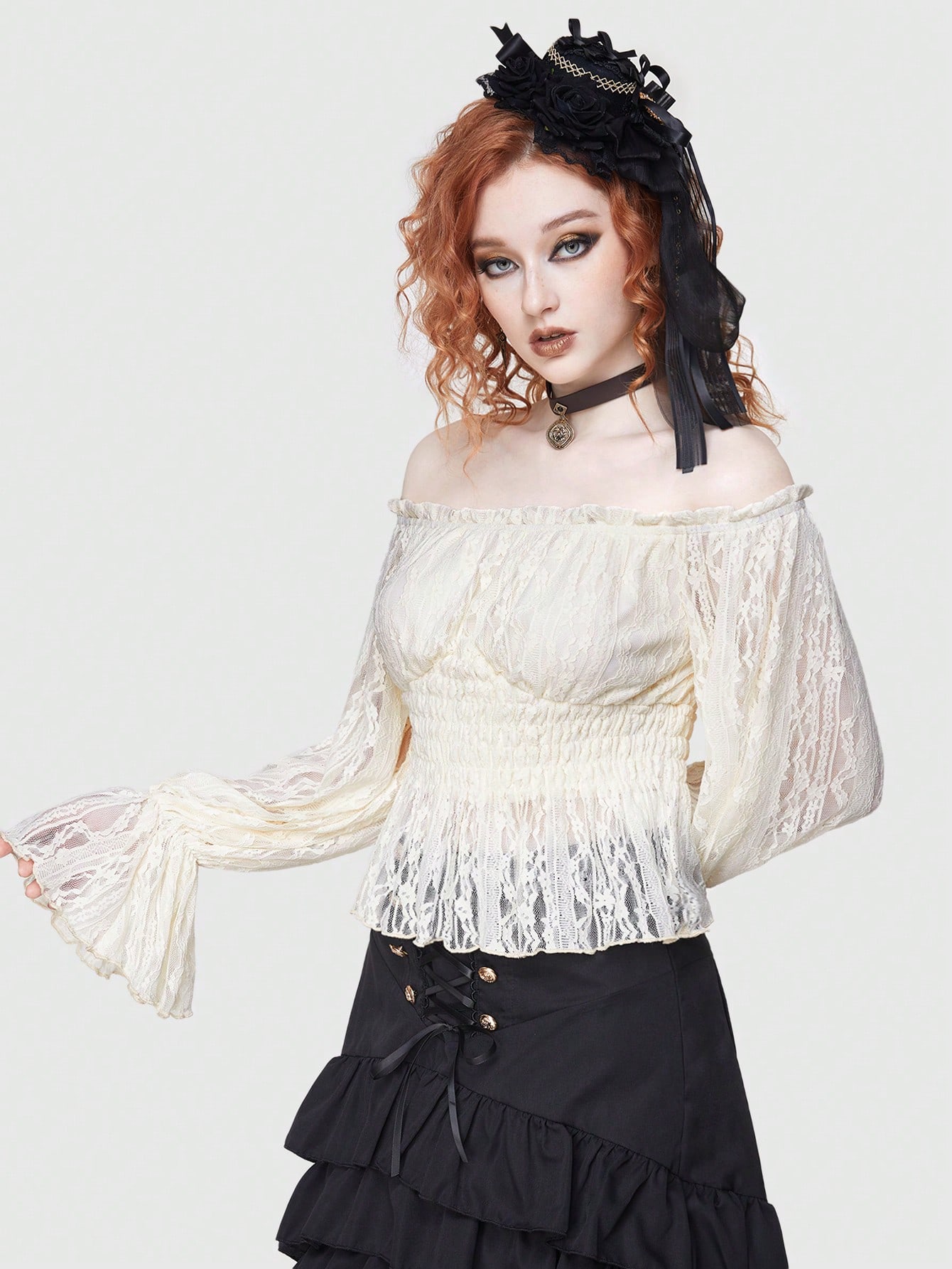 ROMWE Avant Women's Lace Off Shoulder Shirred Blouse