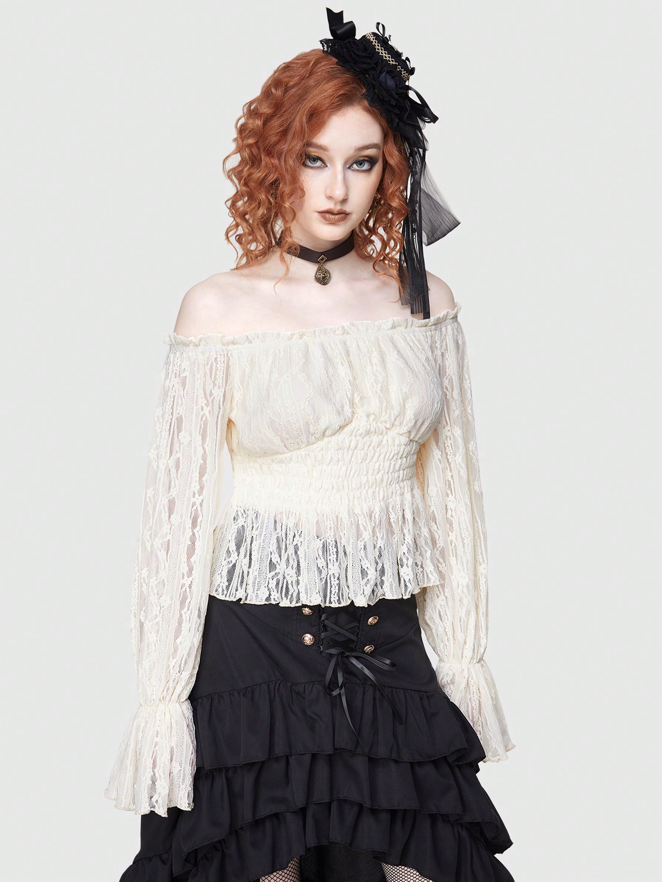 ROMWE Avant Women's Lace Off Shoulder Shirred Blouse