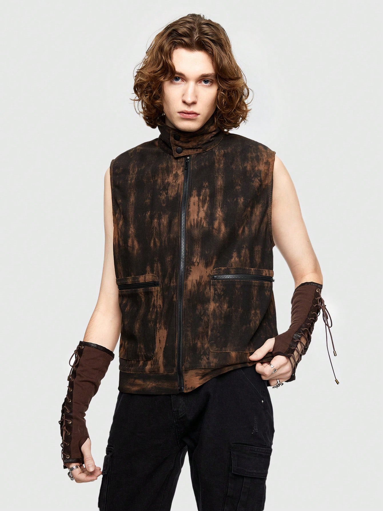 ROMWE Avant Men Pocket Front Zip Up Tie Dye Vest