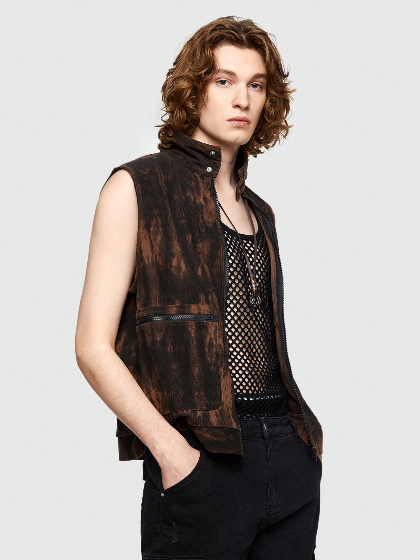 ROMWE Avant Men Pocket Front Zip Up Tie Dye Vest