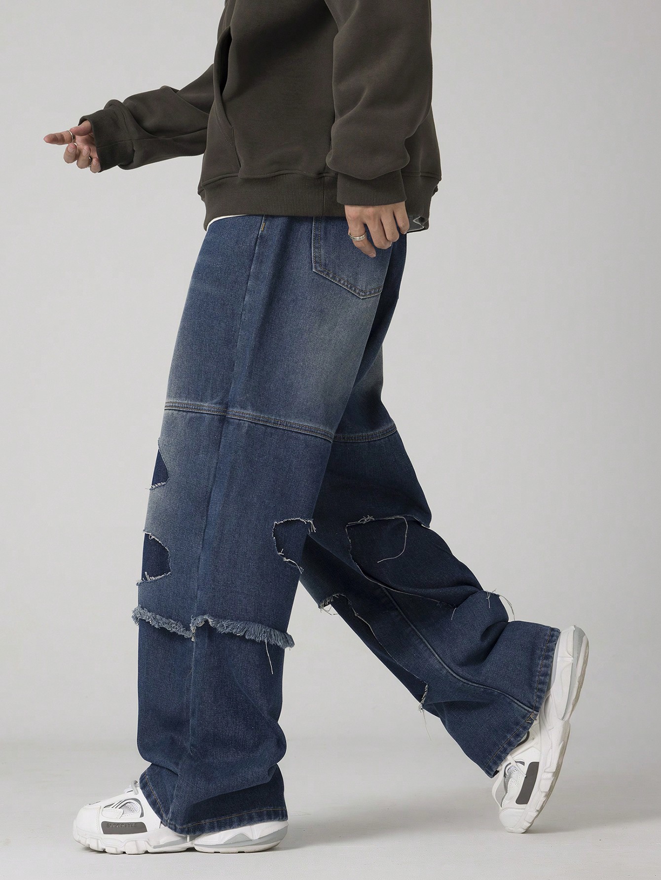 Street Life Men'S Straight Leg Jeans With Distressed Hollow Out Design, Suitable For Everyday Wear In All Seasons