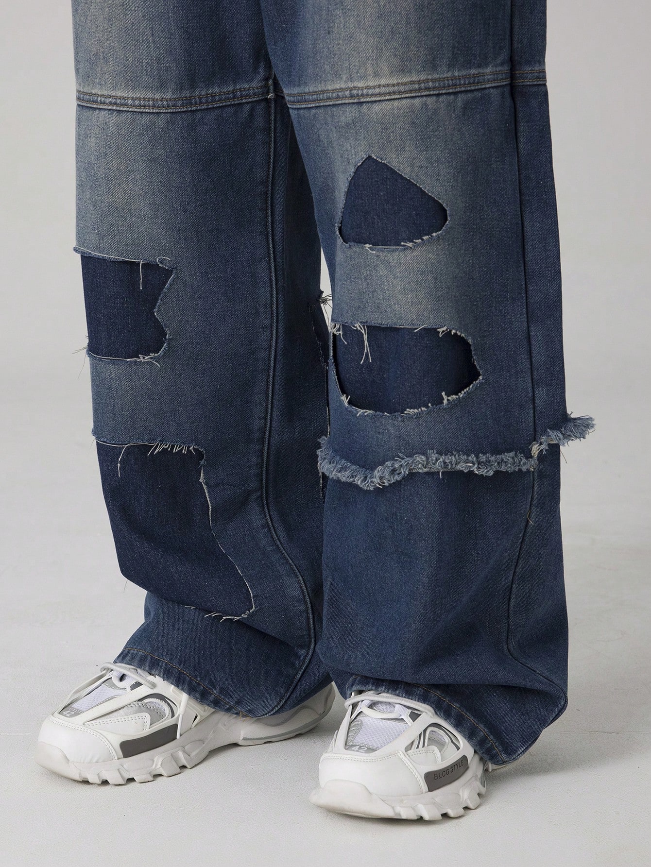 Street Life Men'S Straight Leg Jeans With Distressed Hollow Out Design, Suitable For Everyday Wear In All Seasons