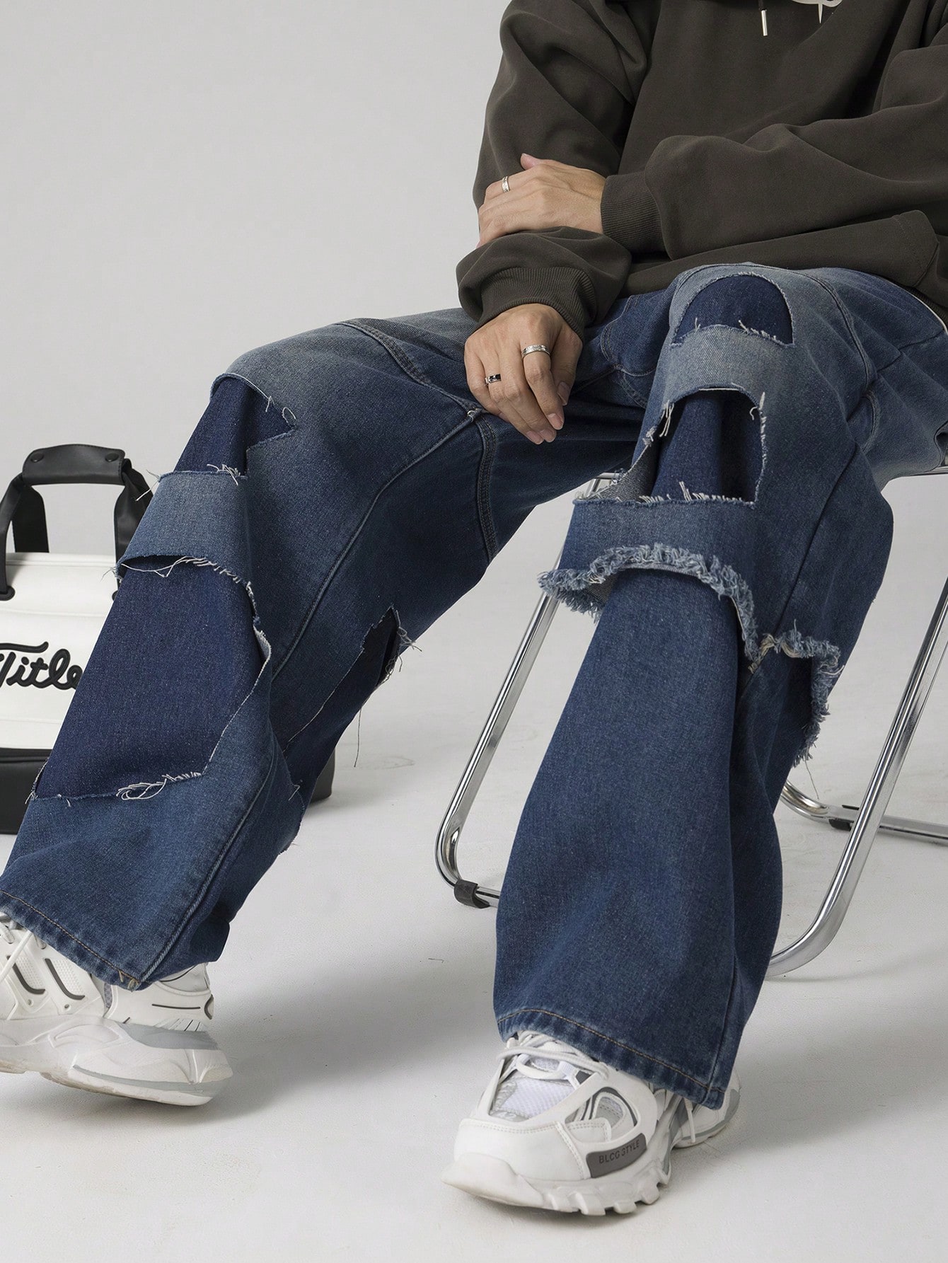 Street Life Men'S Straight Leg Jeans With Distressed Hollow Out Design, Suitable For Everyday Wear In All Seasons