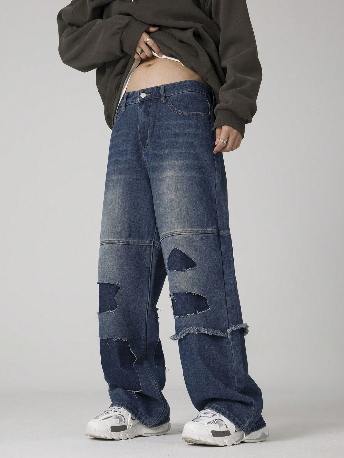 Street Life Men'S Straight Leg Jeans With Distressed Hollow Out Design, Suitable For Everyday Wear In All Seasons