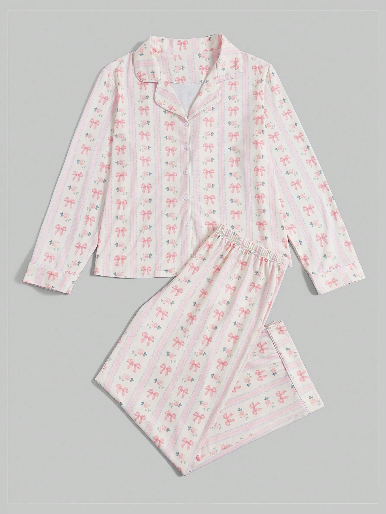 Kawaii Plus Size Vertical Striped Butterfly Floral Pajama Set, School