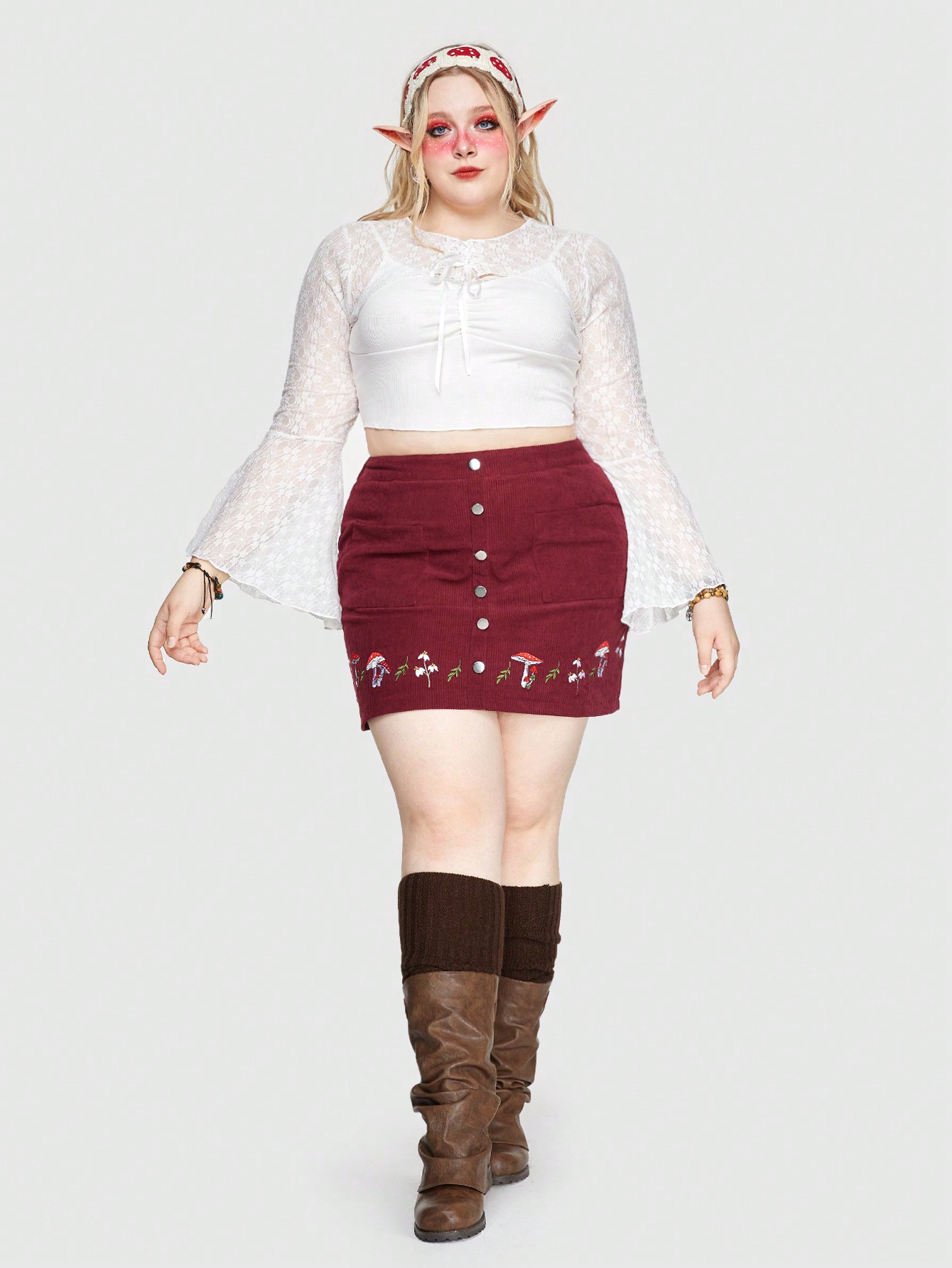 Fairycore Plus Size Women's Solid Color Tie Strap Bell Sleeve Cropped Top