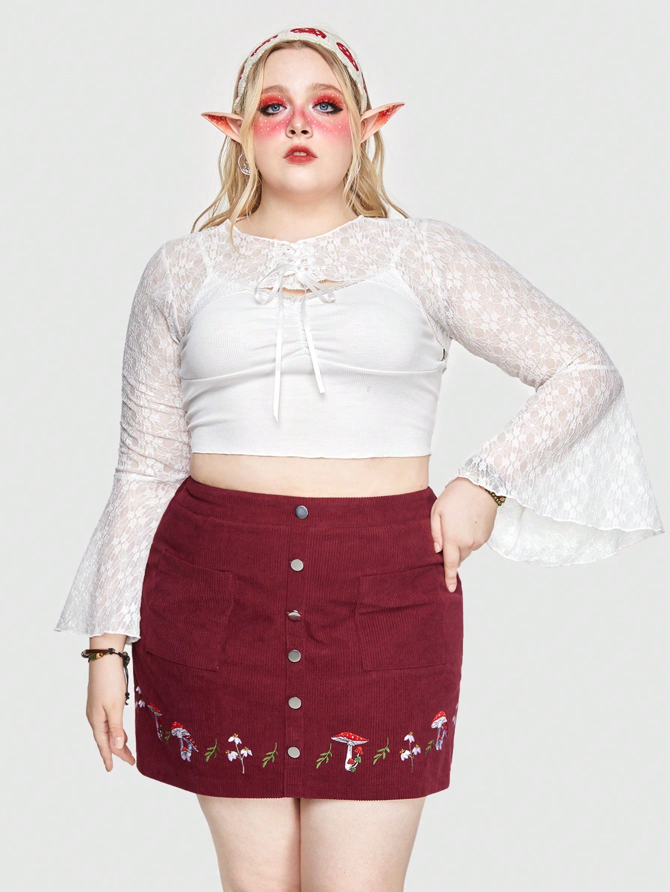 Fairycore Plus Size Women's Solid Color Tie Strap Bell Sleeve Cropped Top