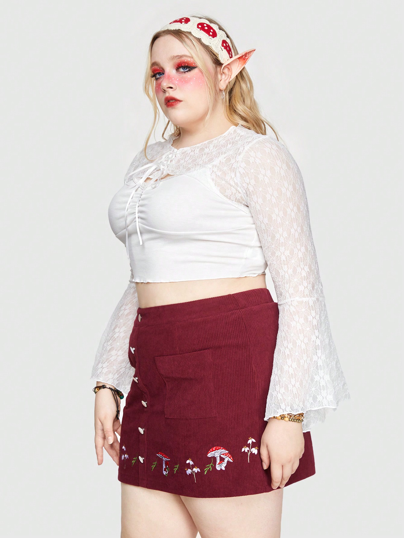 Fairycore Plus Size Women's Solid Color Tie Strap Bell Sleeve Cropped Top