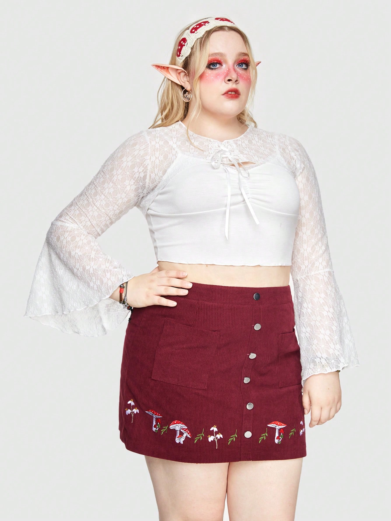 Fairycore Plus Size Women's Solid Color Tie Strap Bell Sleeve Cropped Top