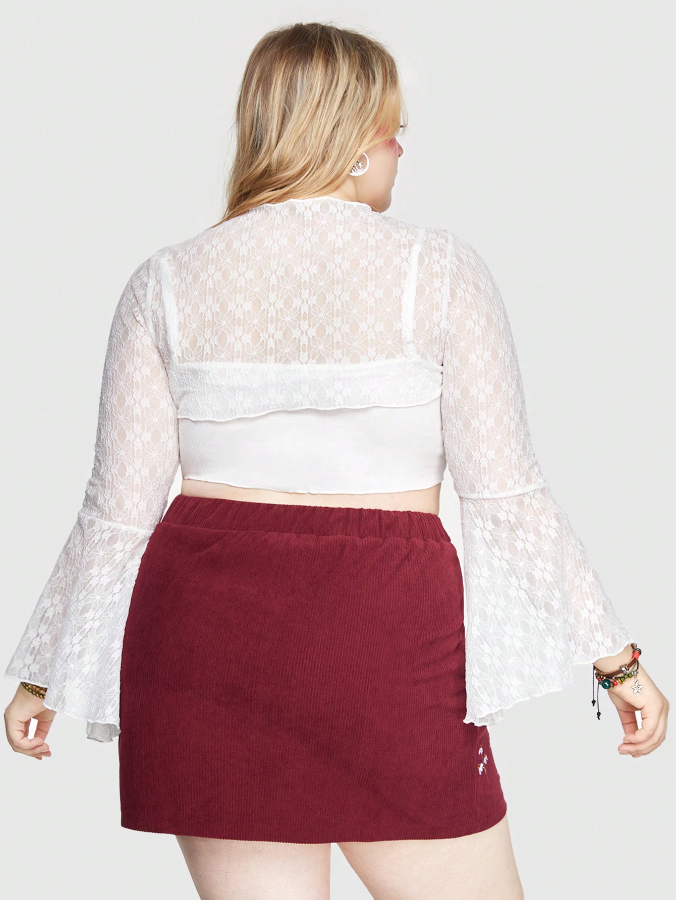 Fairycore Plus Size Women's Solid Color Tie Strap Bell Sleeve Cropped Top