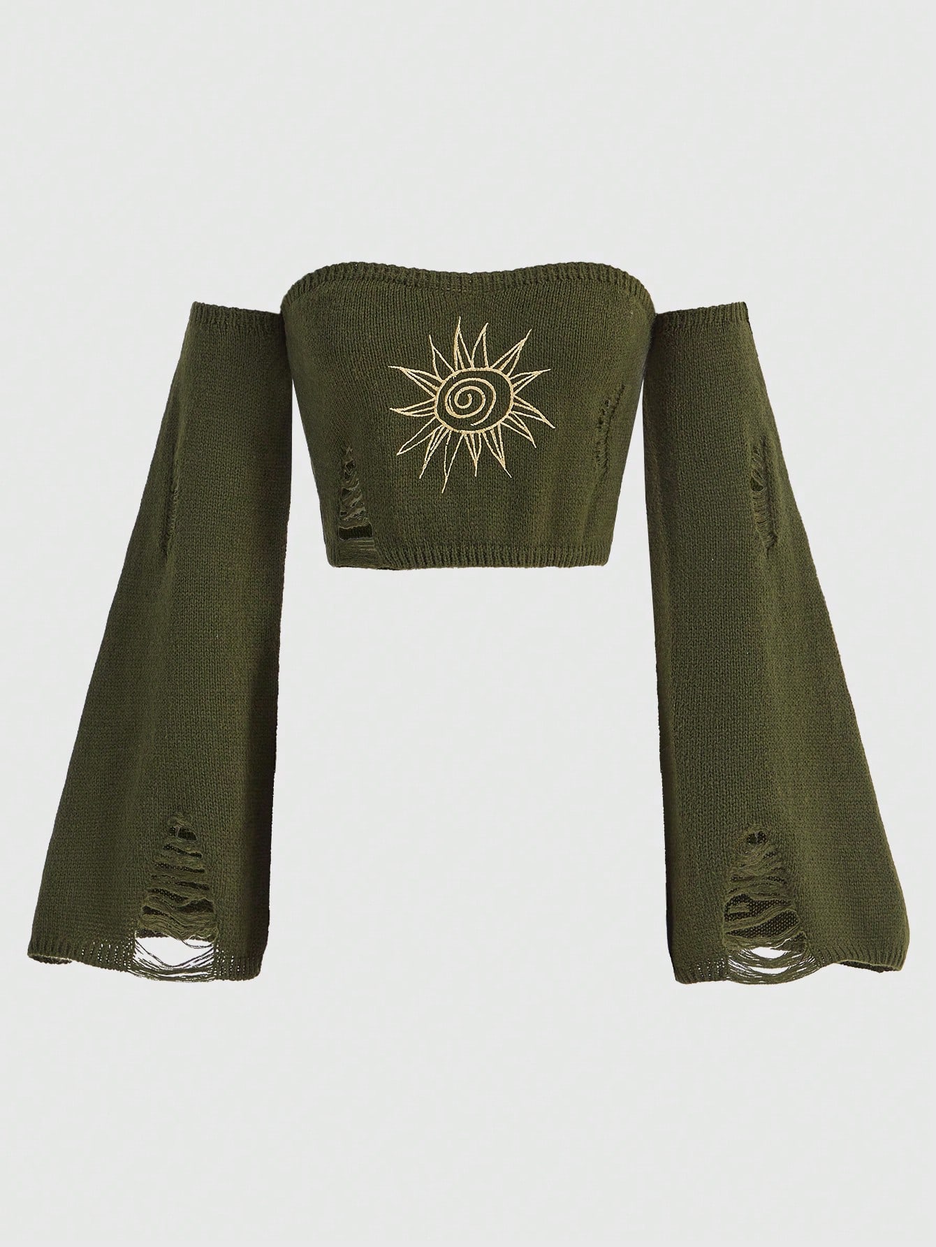 Hippie Hippie Bohemian Off Shoulder Sun Embroidered Distressed Flare Sleeve Sweater