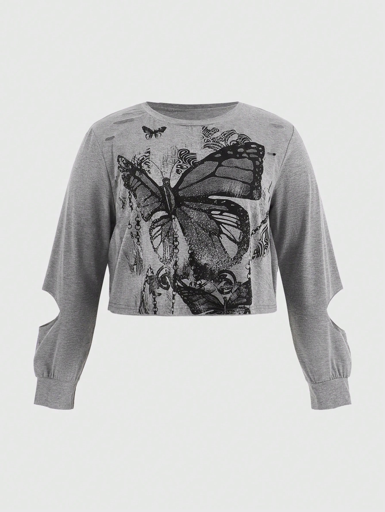 Fairycore Plus Size Women'S Butterfly Printed Long Sleeve T-Shirt