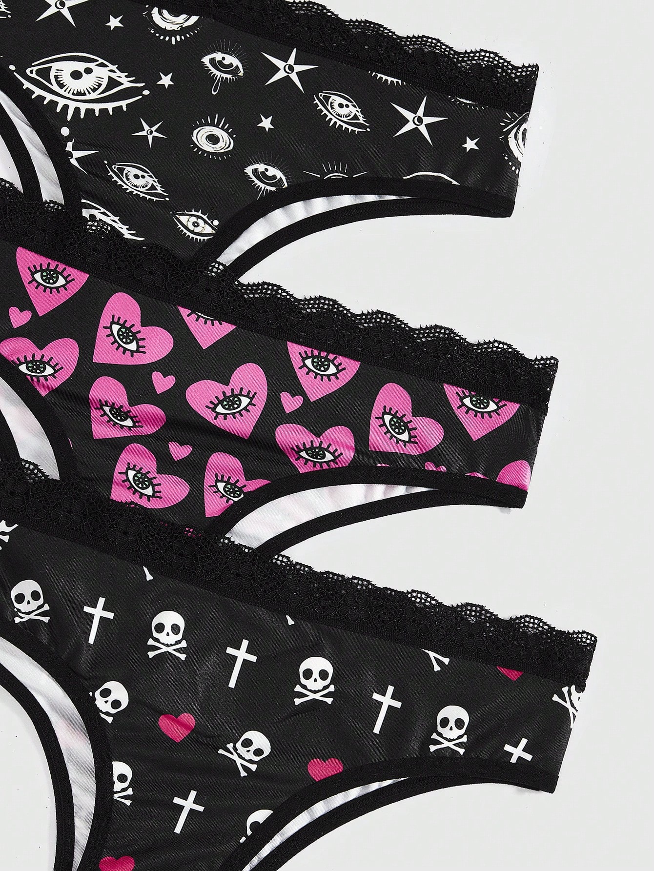 Valentine'S Day Women'S Lace Panties Set Of 3, With Skull, Heart, Eye And Star Pattern