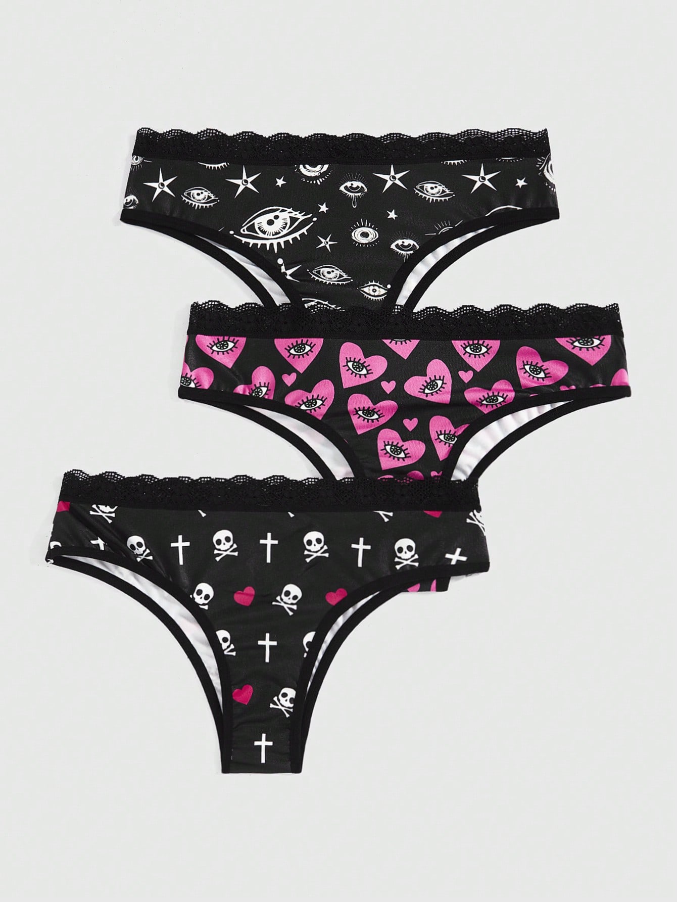 Valentine'S Day Women'S Lace Panties Set Of 3, With Skull, Heart, Eye And Star Pattern