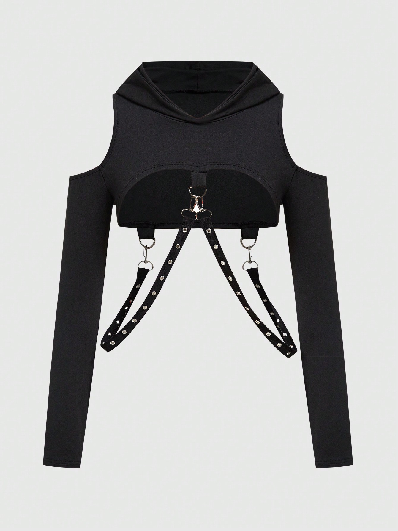 Grunge Punk Ultra Short Hooded Spliced Sweatshirt With Chain For Women, School,Long Sleeve Tops