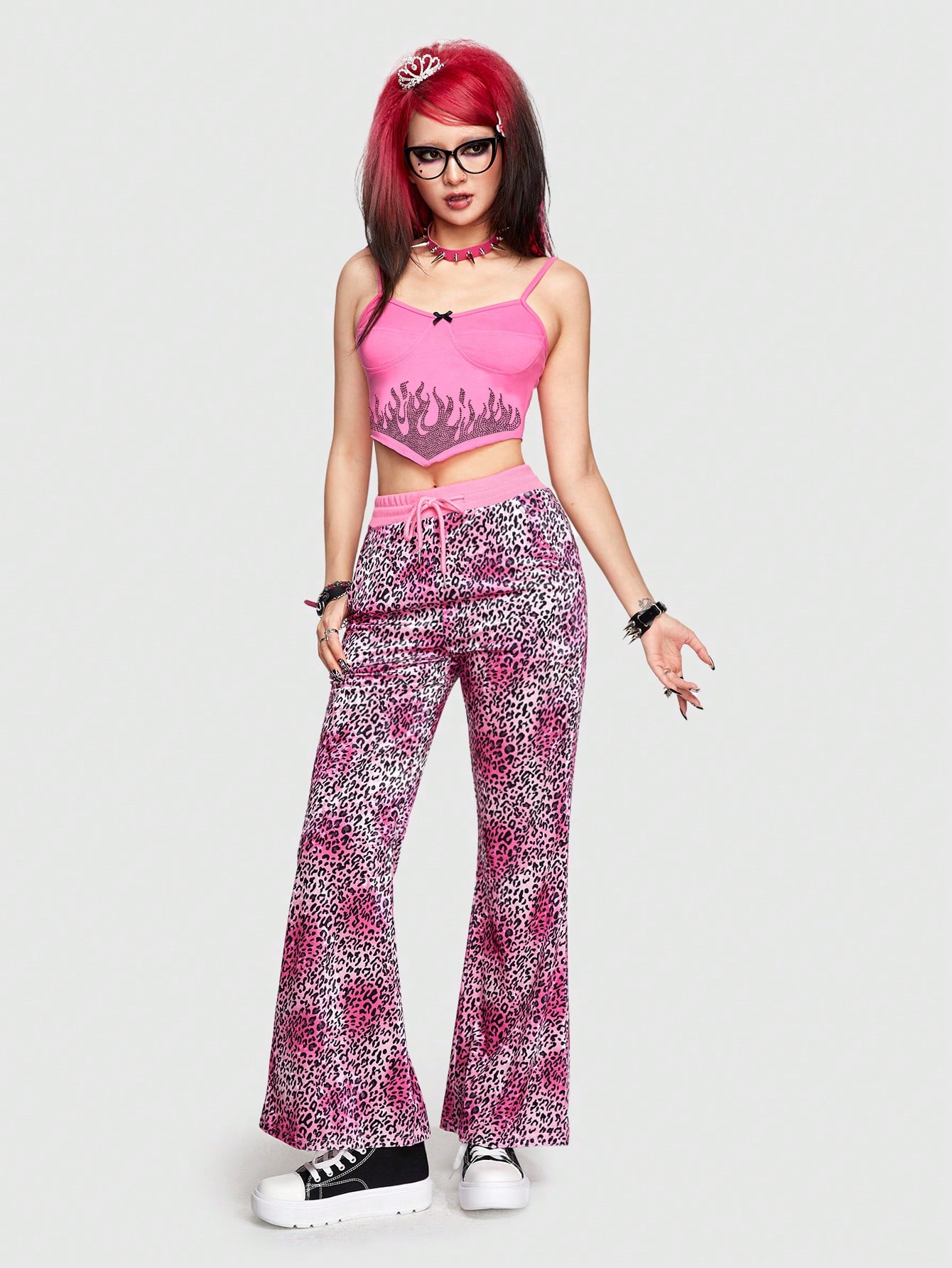 ROMWE Avant Women'S Asymmetrical Hem Flame Pattern Rhinestone Bow Knot Trim Camisole Tank Top