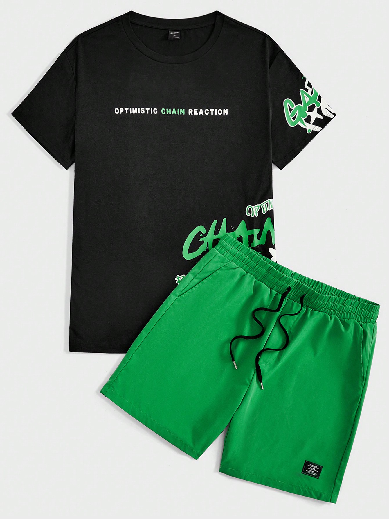 Guys Slogan Graphic Tee & Drawstring Waist Shorts