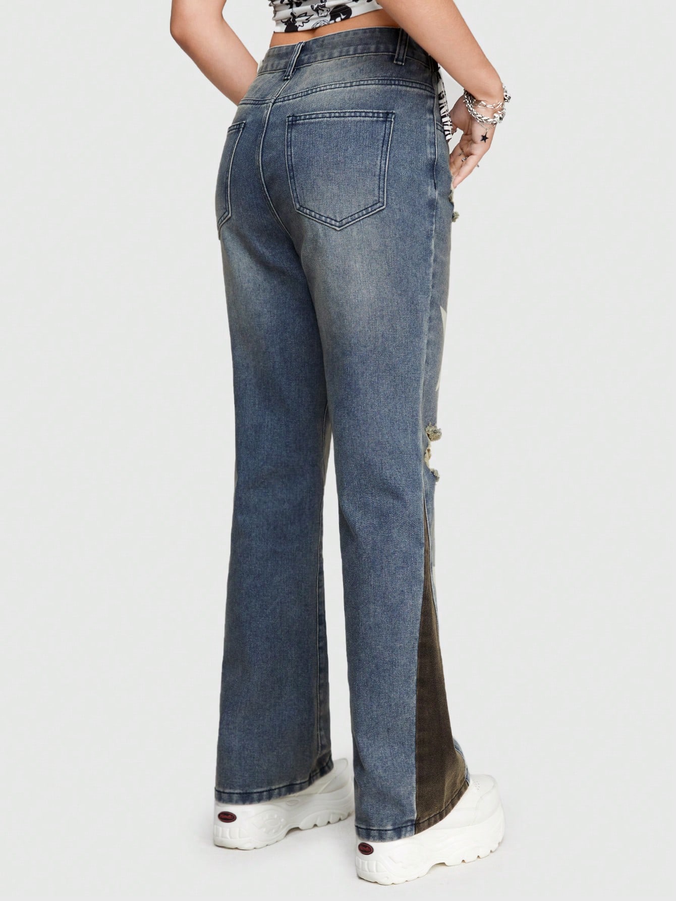 Street Life Women'S Jeans With Streetwear Style Patchwork Design Featuring Stars And Letter Print