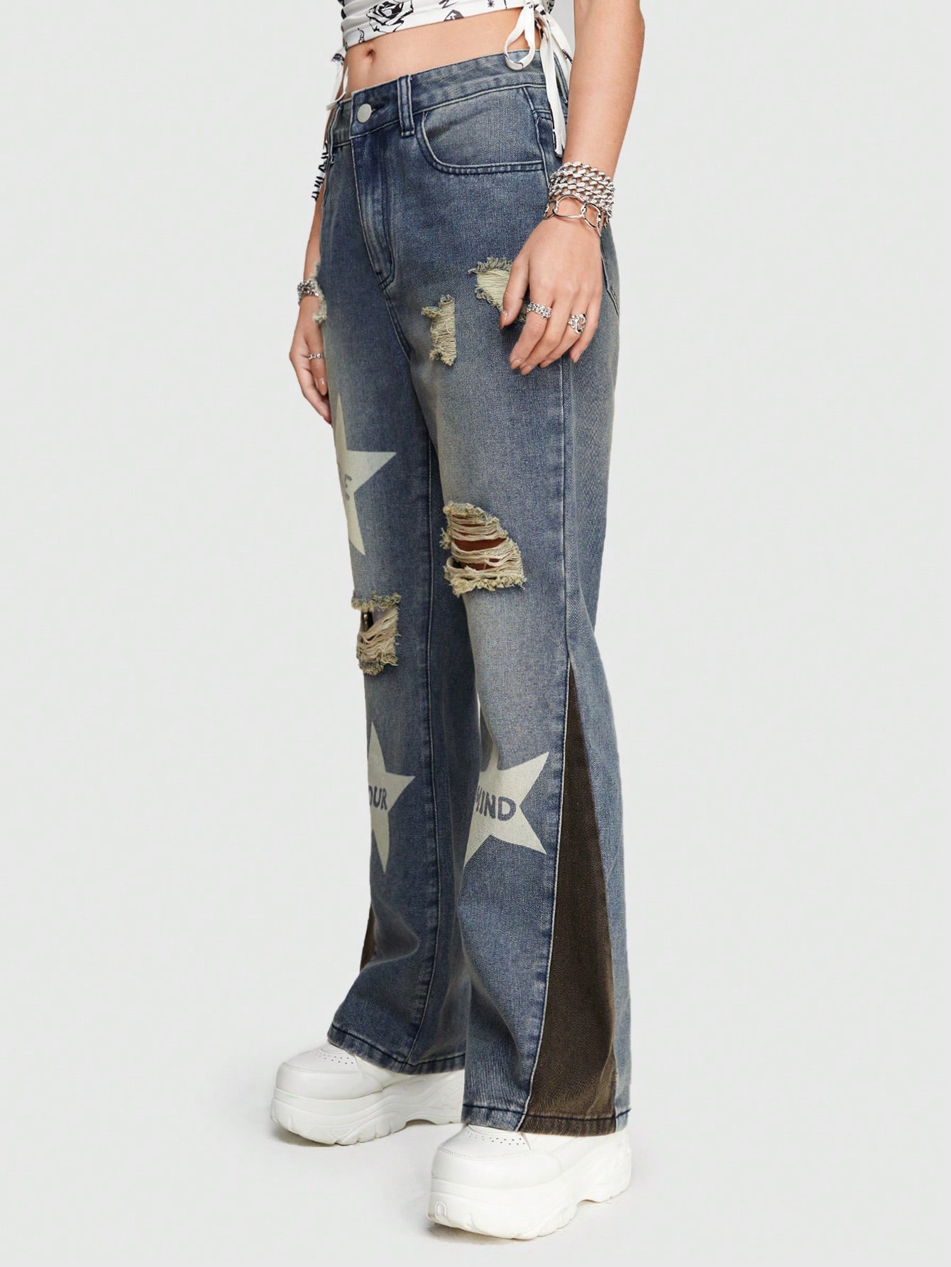 Street Life Women'S Jeans With Streetwear Style Patchwork Design Featuring Stars And Letter Print