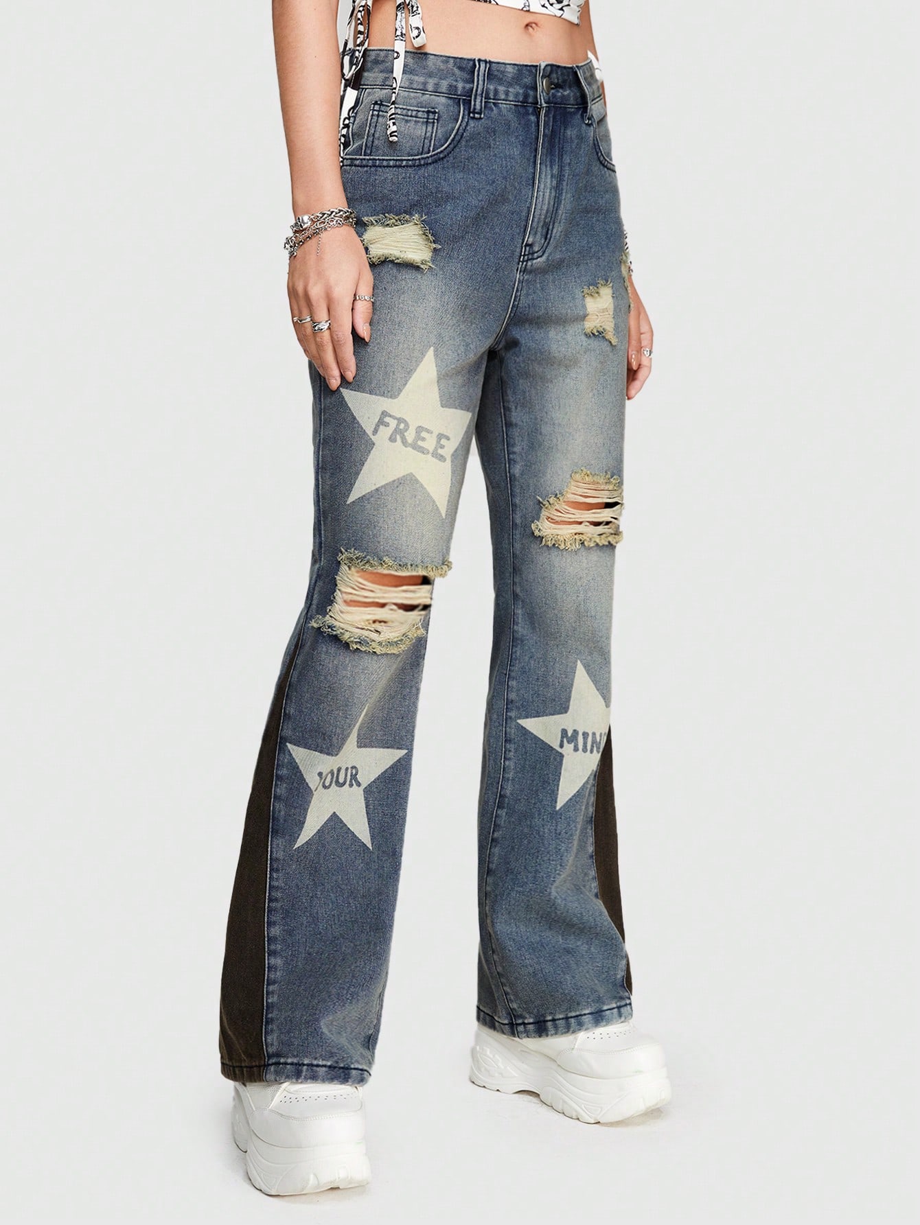 Street Life Women'S Jeans With Streetwear Style Patchwork Design Featuring Stars And Letter Print