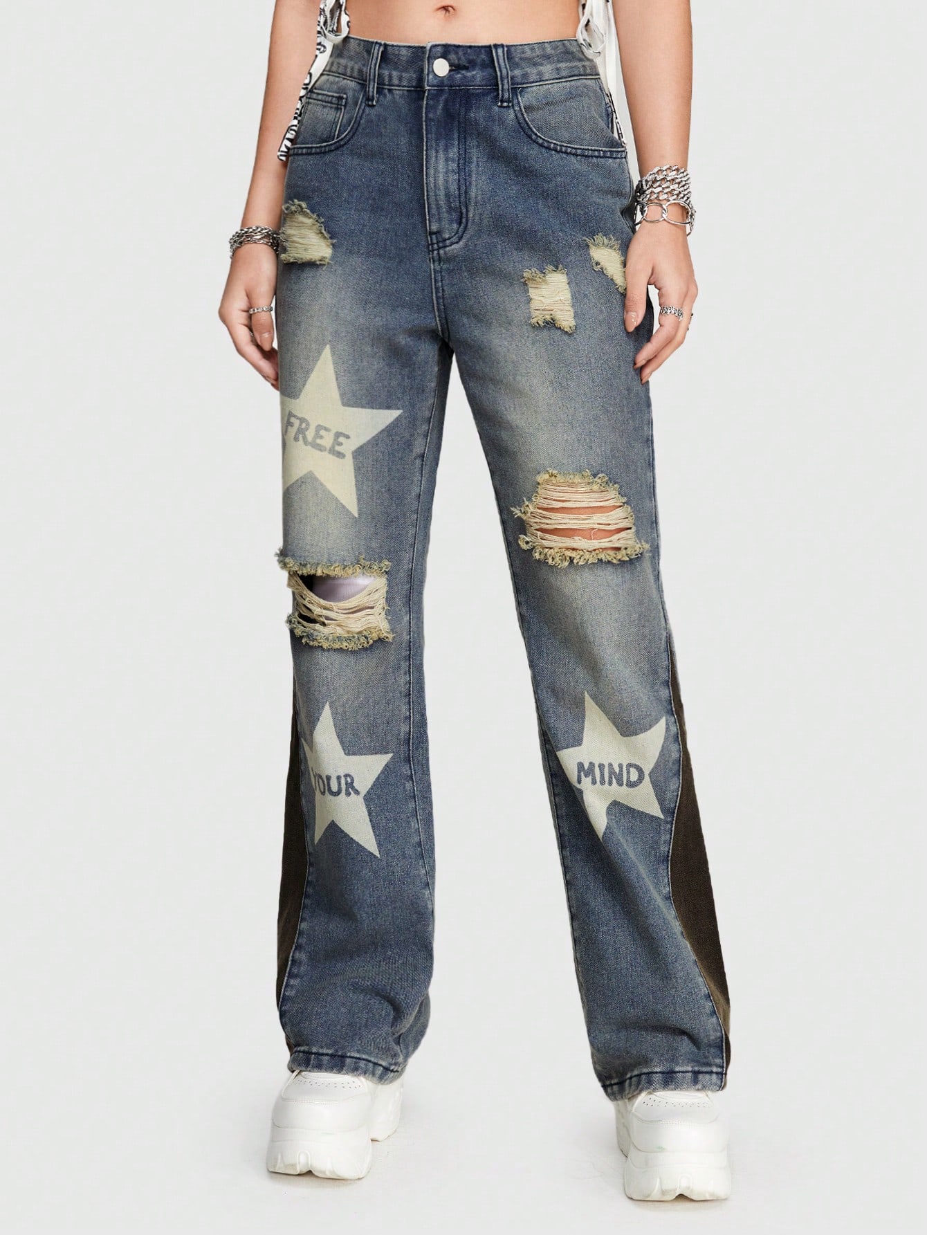 Street Life Women'S Jeans With Streetwear Style Patchwork Design Featuring Stars And Letter Print