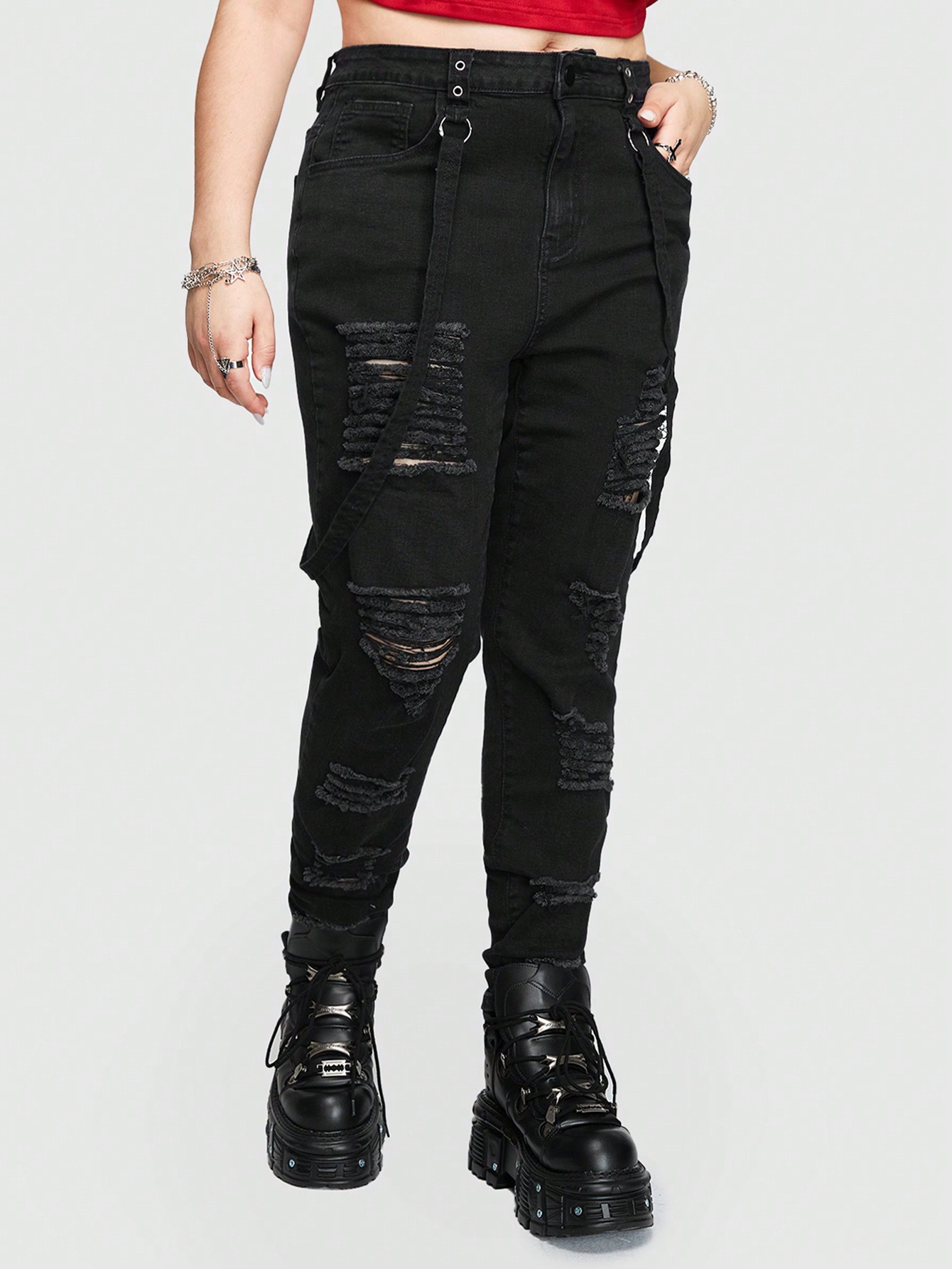 Grunge Punk Hardcore Punk Rock Style Ripped Distressed High Waisted Plus Size Women's Skinny Jeans With Weaving Detail, School