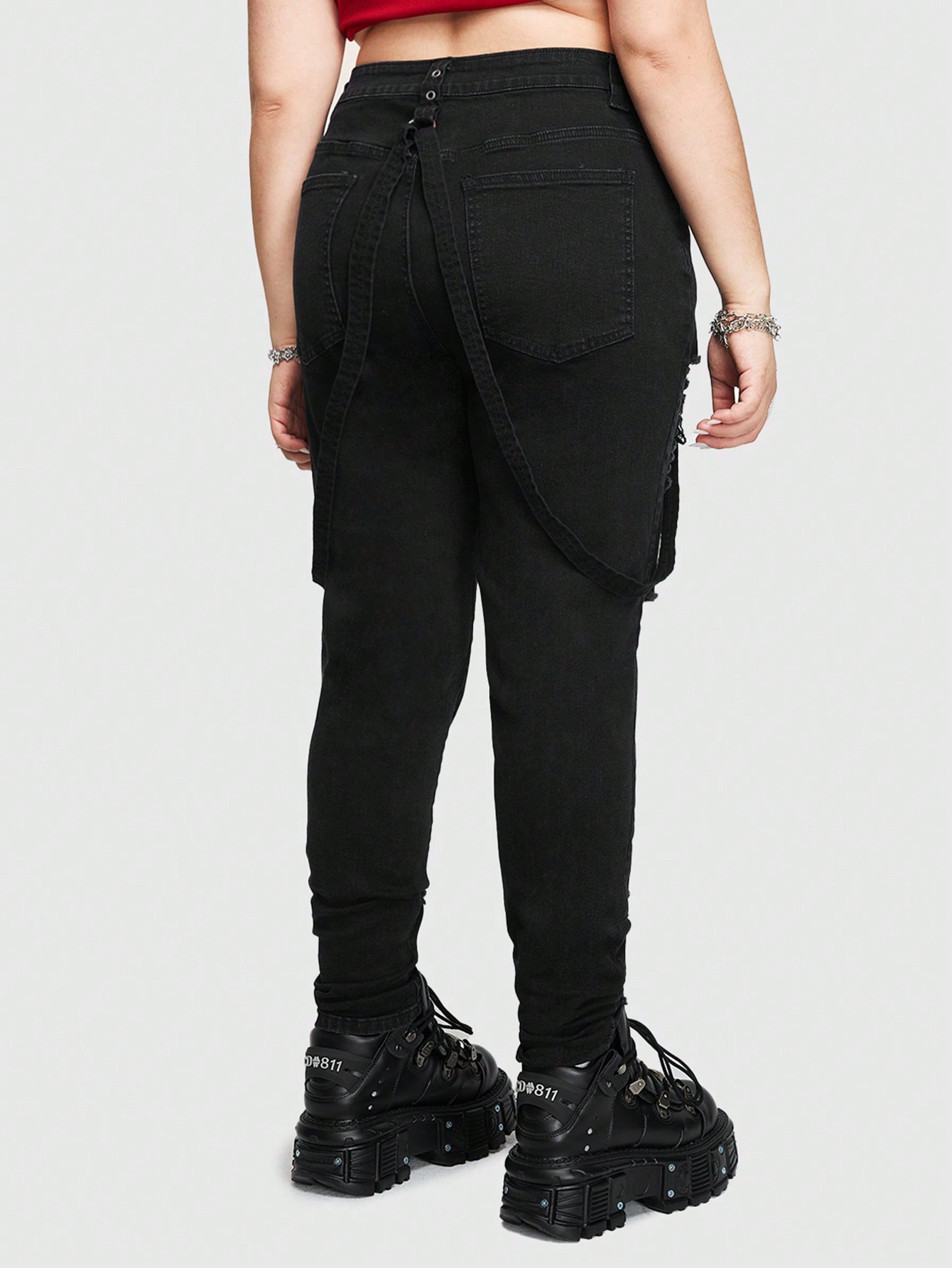 Grunge Punk Hardcore Punk Rock Style Ripped Distressed High Waisted Plus Size Women's Skinny Jeans With Weaving Detail, School
