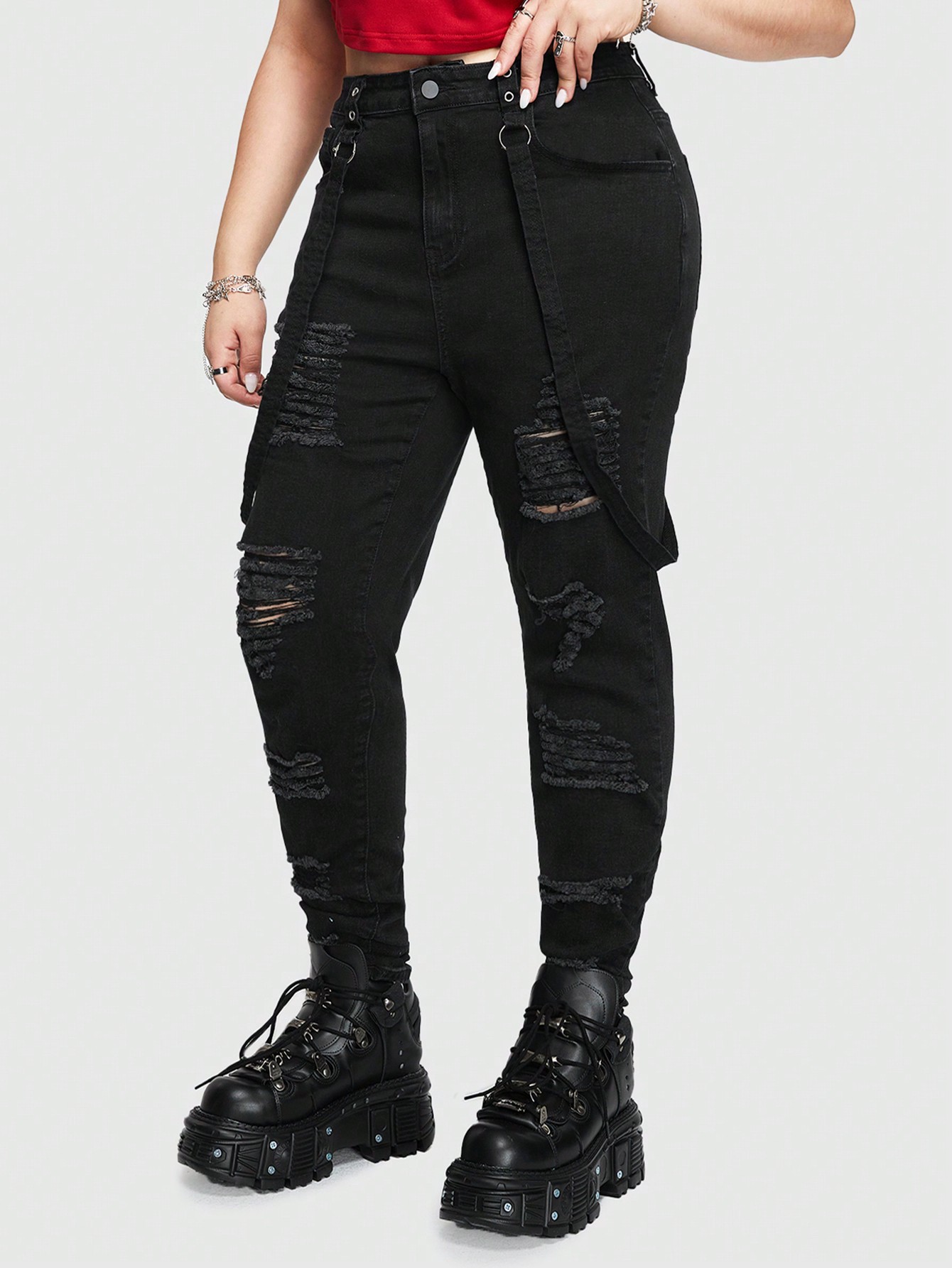 Grunge Punk Hardcore Punk Rock Style Ripped Distressed High Waisted Plus Size Women's Skinny Jeans With Weaving Detail, School