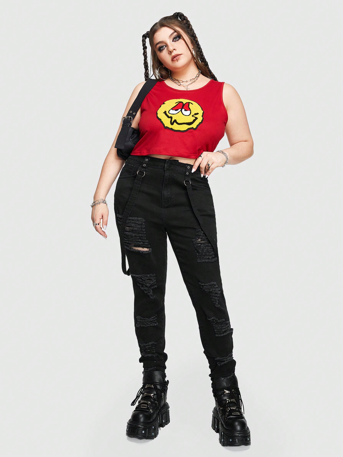 Grunge Punk Hardcore Punk Rock Style Ripped Distressed High Waisted Plus Size Women's Skinny Jeans With Weaving Detail, School