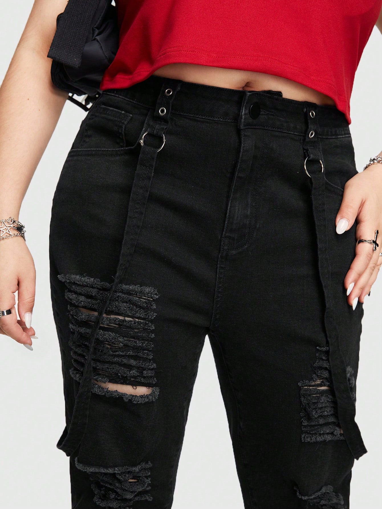 Grunge Punk Hardcore Punk Rock Style Ripped Distressed High Waisted Plus Size Women's Skinny Jeans With Weaving Detail, School
