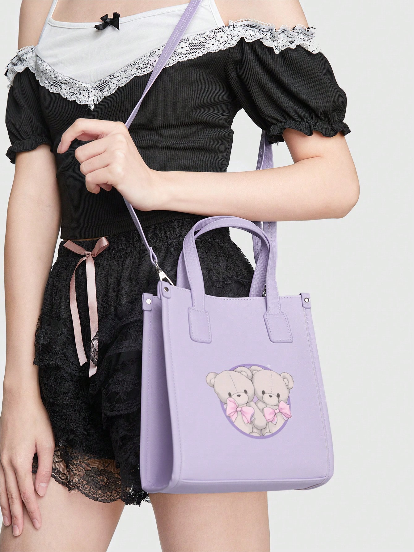 Kawaii Simple And Elegant Purple Teddy Bear Ladies' Handbag, Daily Use
