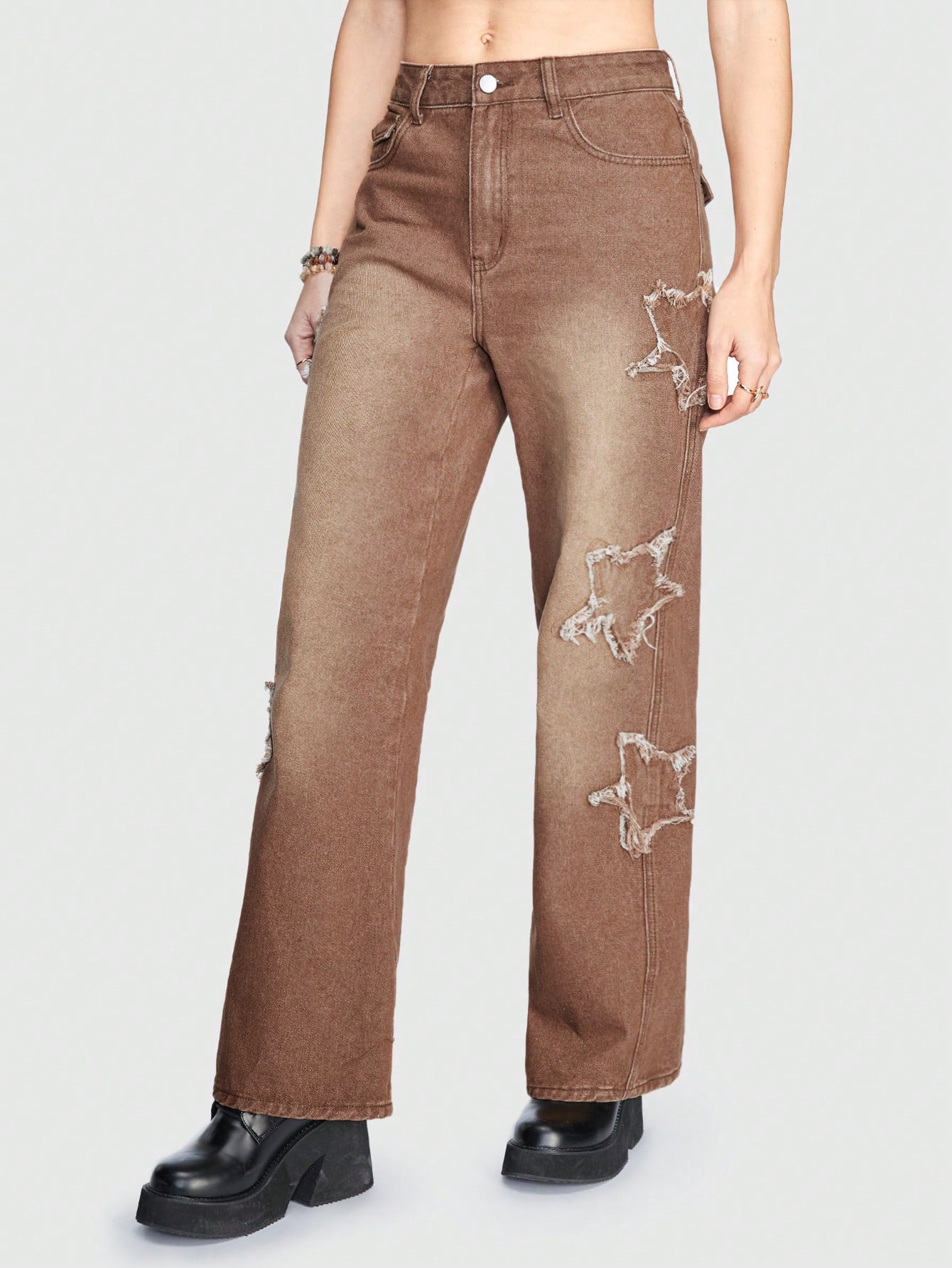 Fairycore Women'S Star Printed Straight Leg Jeans With Fringed Hem