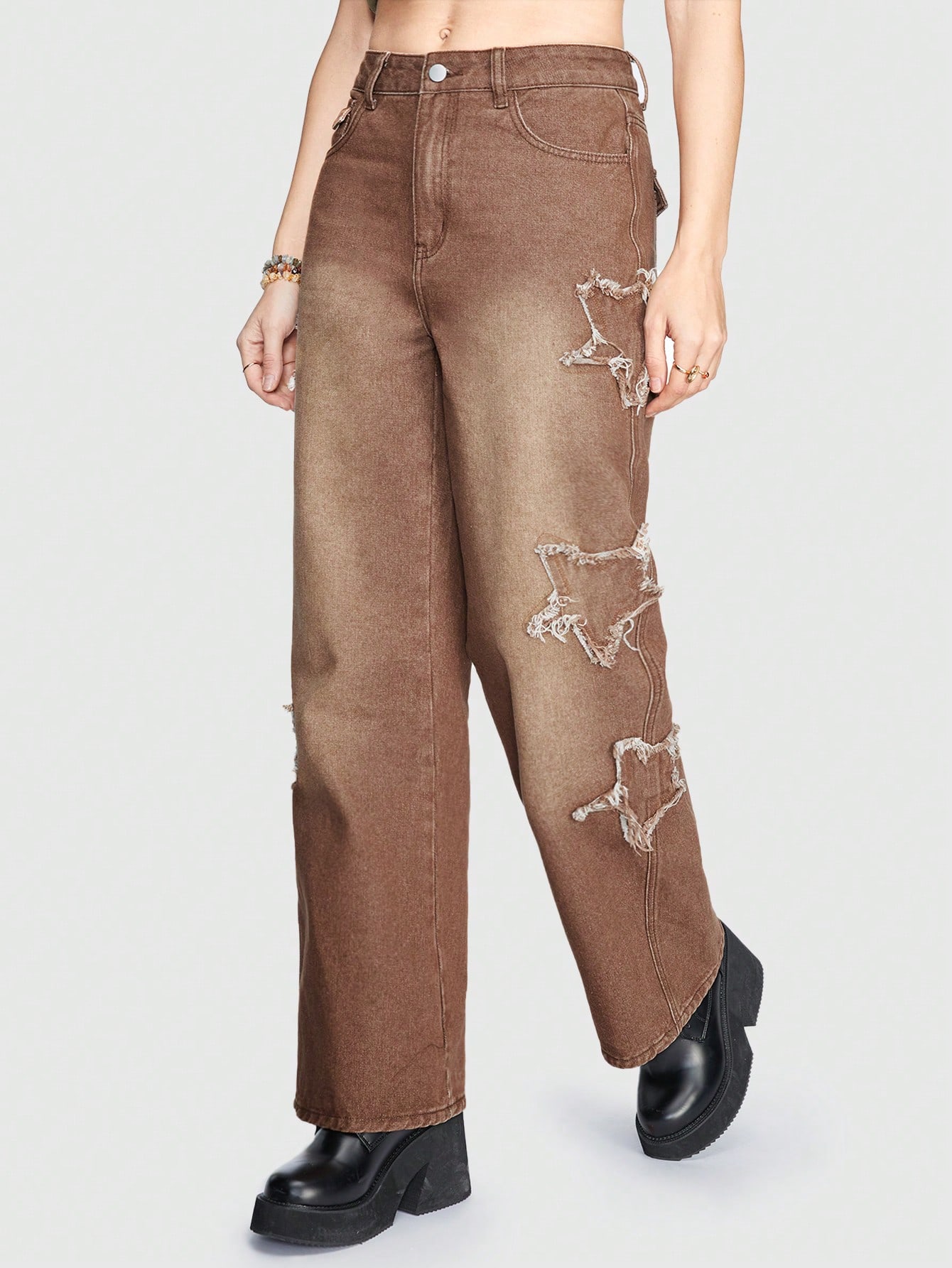 Fairycore Women'S Star Printed Straight Leg Jeans With Fringed Hem